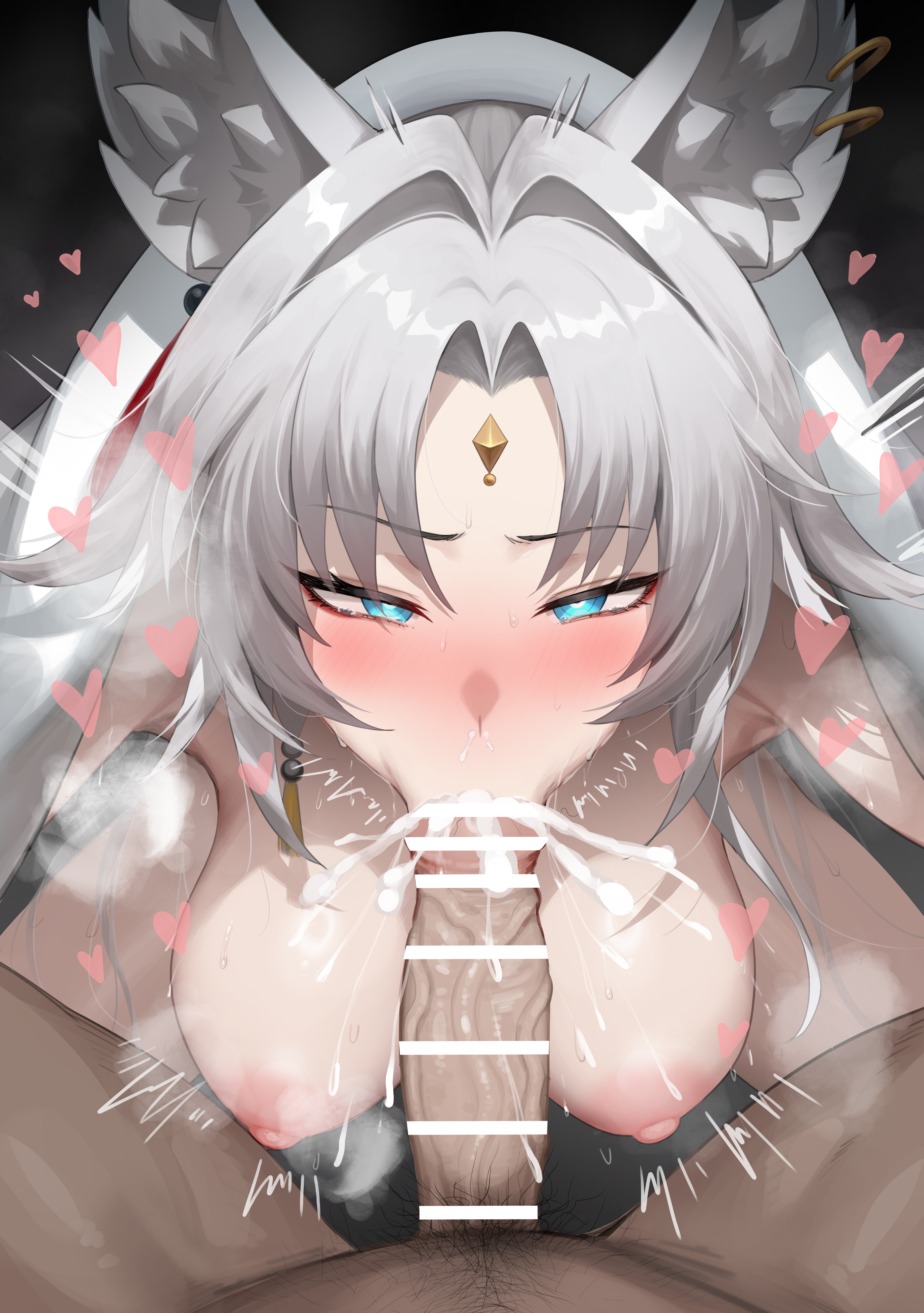 blue eyes, breasts, censor bar, censored, cum, dick, feixiao (honkai: star rail), female, fox ears, honkai: star rail, male, nipples, nude, penis, white hair
