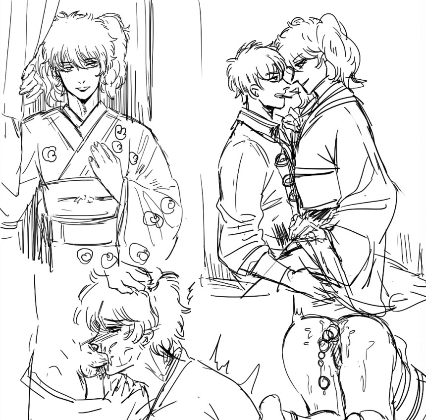 2boys anal anal_beads anal_insertion ayyuan4 blowjob canon_crossdressing crossdressing fellatio gay gintama gintoki_sakata hijikata_toshiro japanese_clothes kimono male male_only monochrome official_alternate_costume oral paako sex_toy shinsengumi_(gintama) twintails wig yaoi