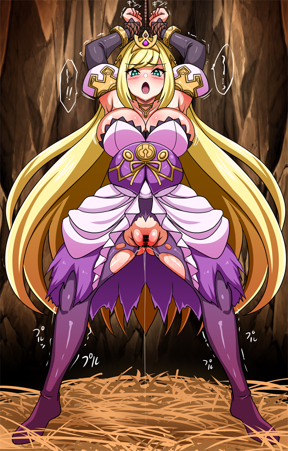 armpits bar_censor blonde_hair blush breasts cave censored chelle_(dragalia_lost) collarbone crown detached_sleeves dragalia_lost female green_eyes hay interspecies_pregnancy large_breasts long_hair open_mouth pantyhose pregnant pussy pussy_juice restrained rope skirt torn_clothes torn_pantyhose yagami_(mukage)