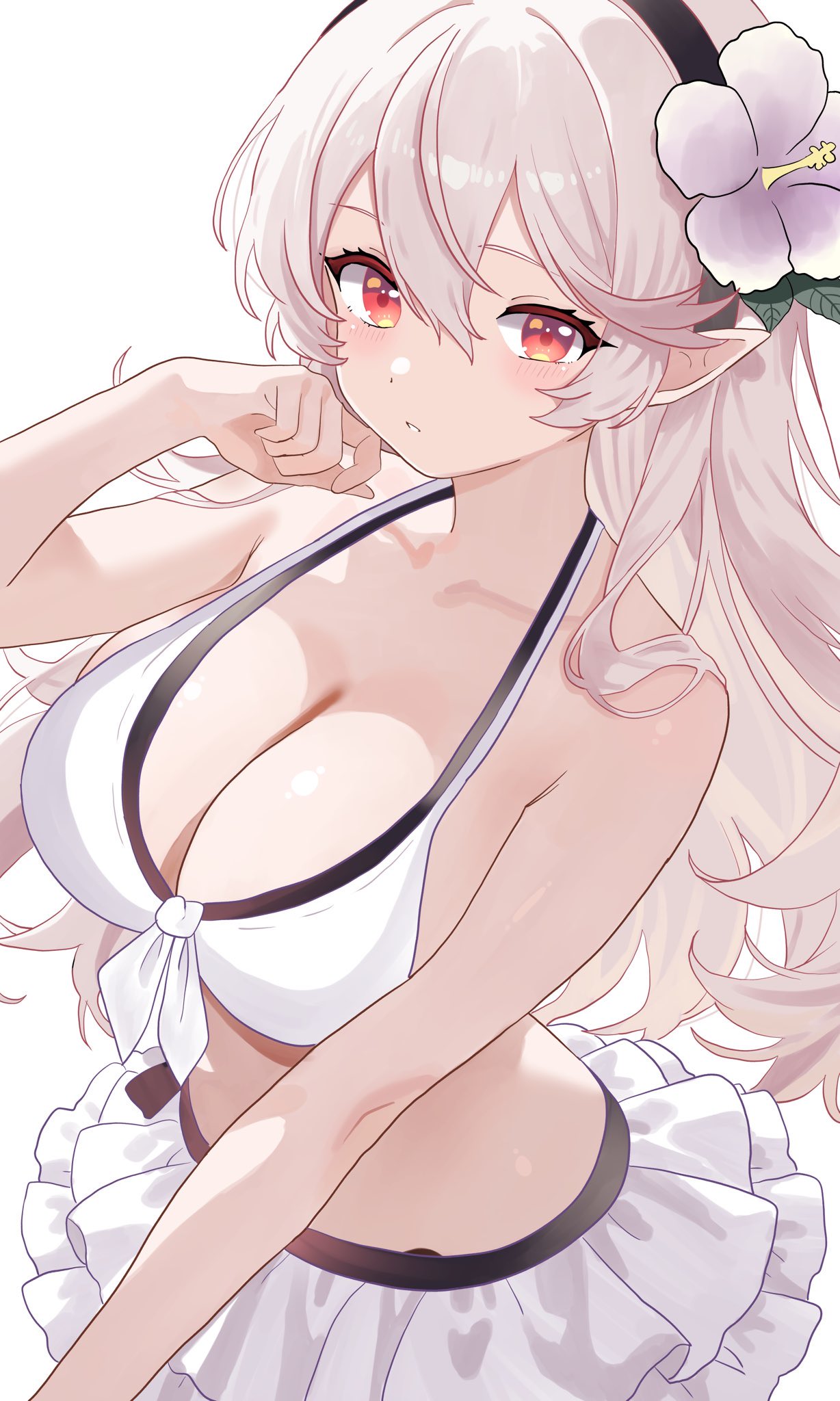 1girls, bikini, black hairband, blush, breasts, cleavage, corrin (fire emblem), corrin (fire emblem) (female), female, female focus, female only, fire emblem, fire emblem fates, fire emblem heroes, flower, frilled skirt, front-tie bikini, grey hair, hair between eyes, hair flower, hair ornament, hairband, large breasts, long hair, looking at viewer, midriff, n 54, official alternate costume, pointy ears, princess, red eyes, royalty, smile, solo, swimsuit, thighs, white bikini, white hair