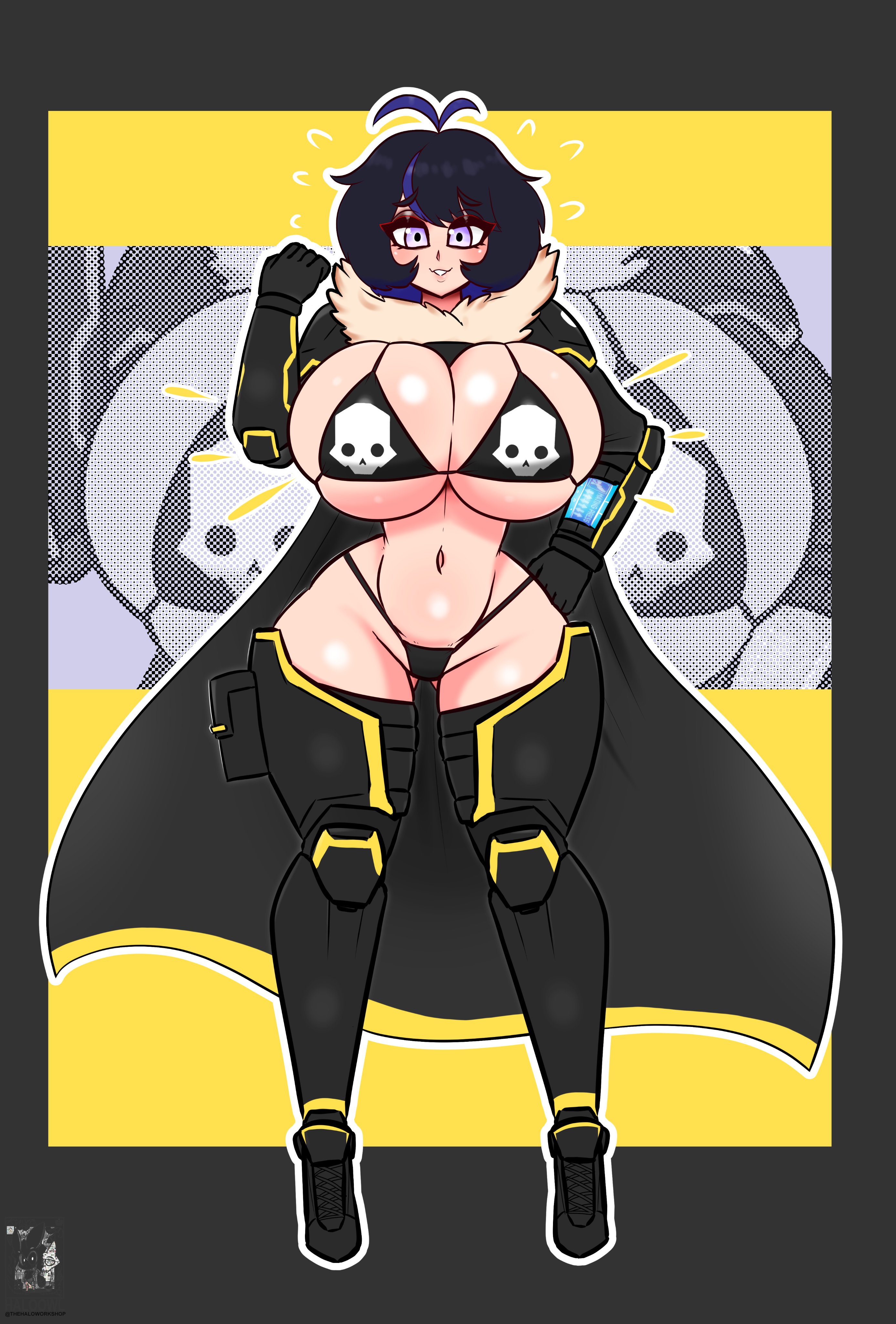 1girls, 2020s, 2025, 2d, 2d (artwork), armor, ass, barely clothed, big ass, big breasts, big butt, big thighs, bikini, black hair, breasts, cape, capelet, child bearing hips, cleavage, clothing, curvy, curvy body, curvy female, curvy figure, eyebrows, eyelashes, female, female focus, female only, haloowl, hand on hip, helldiver (helldivers), helldivers, helldivers 2, hi res, highres, hips, hourglass figure, huge breasts, human, human only, hyper, hyper breasts, large breasts, light skin, light-skinned female, looking at viewer, midriff, navel, pinup, purple eyes, slim waist, smile, smiling, solo, solo female, sony interactive entertainment, thick thighs, thighs, toned, toned stomach, unconvincing armor, wide hips
