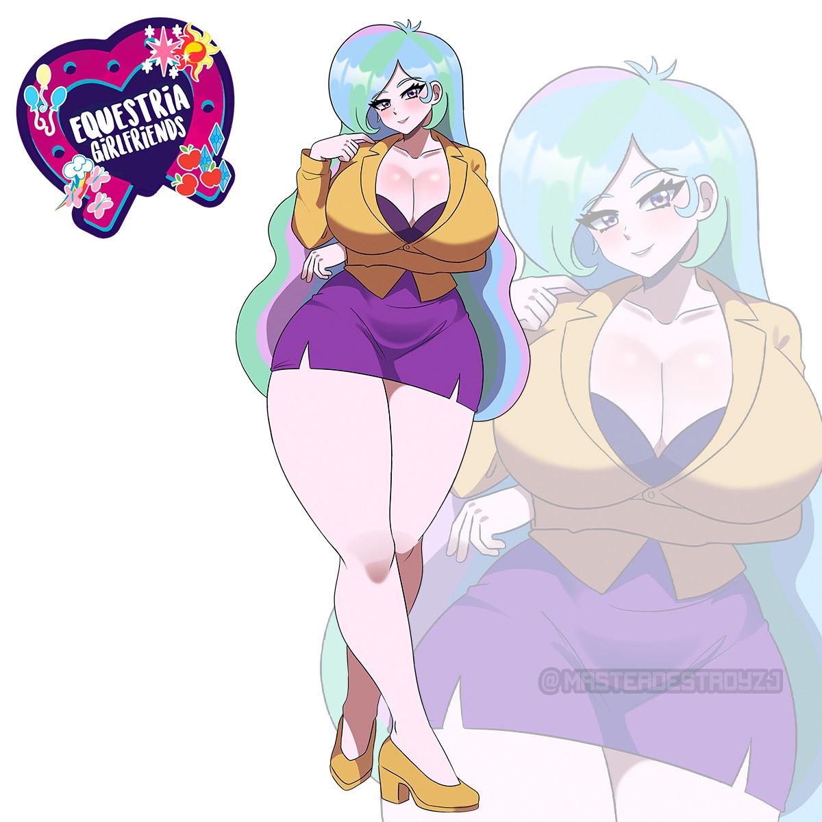 1girls, 2025, 2d, arm under breasts, big breasts, big thighs, big titties, breasts, cleavage, clothed, clothing, curvaceous, curvy, curvy female, equestria girls, female, female focus, female only, friendship is magic, hasbro, high heels, huge breasts, hyper hourglass, large breasts, long hair, looking at viewer, masterdestroyzj, mature female, milf, multicolored hair, my little pony, no ai, office clothing, office lady, pencil skirt, princess celestia, princess celestia (eg), princess celestia (mlp), principal, principal celestia, purple clothing, purple skirt, skirt, solo, solo female, thick thighs, twitter link, white skin, wide hips