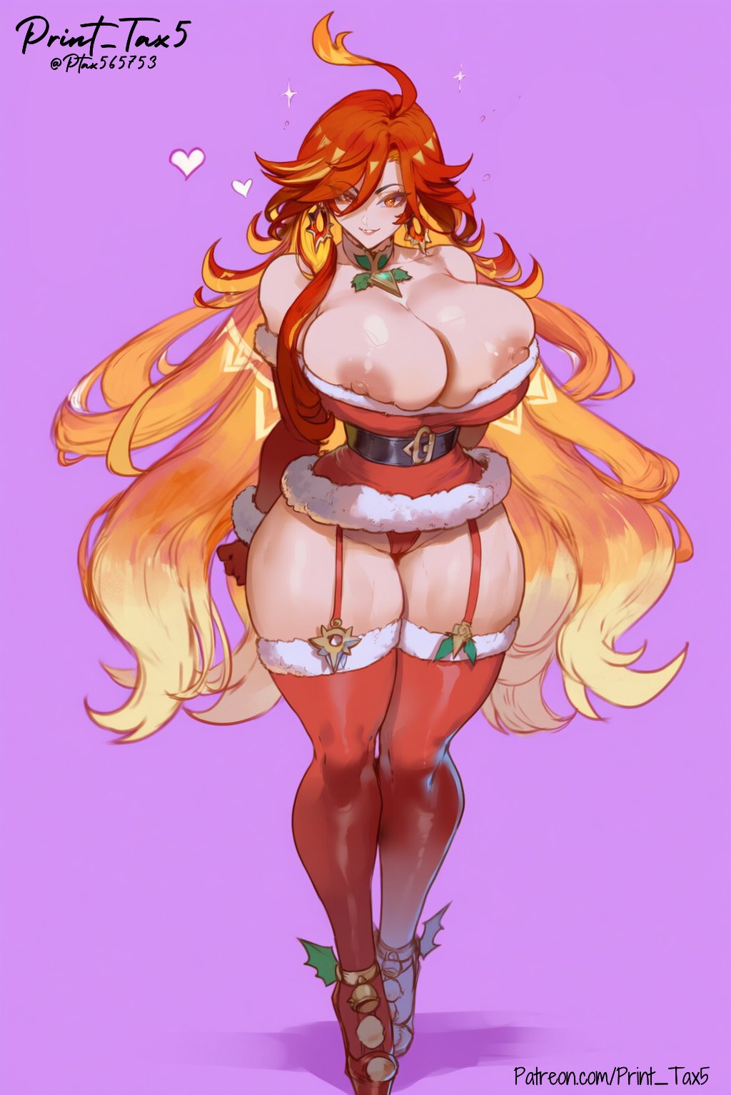 1girls, ai generated, breasts, christmas, female, female focus, female only, genshin impact, large breasts, light skin, light-skinned female, mavuika (genshin impact), print tax5, solo, thick thighs, thighs, wide hips