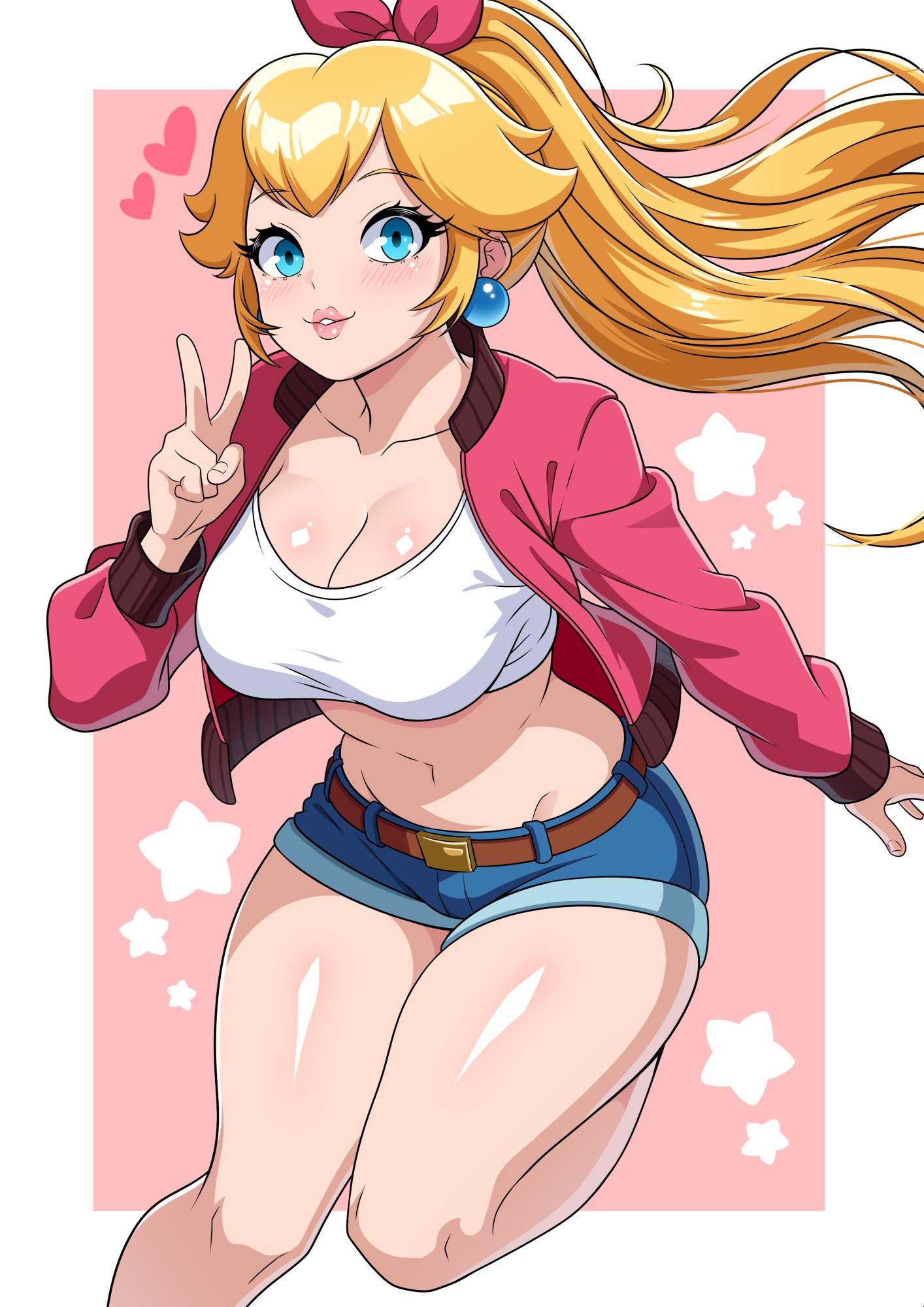 1girls, 2025, blonde hair, blue eyes, booty shorts, breasts, cleavage, croptop, denim, denim shorts, digital media (artwork), ear piercing, earrings, female, female only, jacket, jacket open, mario (series), mario kart, mario kart world, navel, nintendo, official alternate costume, pink lipstick, princess peach, princess peach (touring), short shorts, shorts, super mario bros., tagme, theoiledone, thick thighs