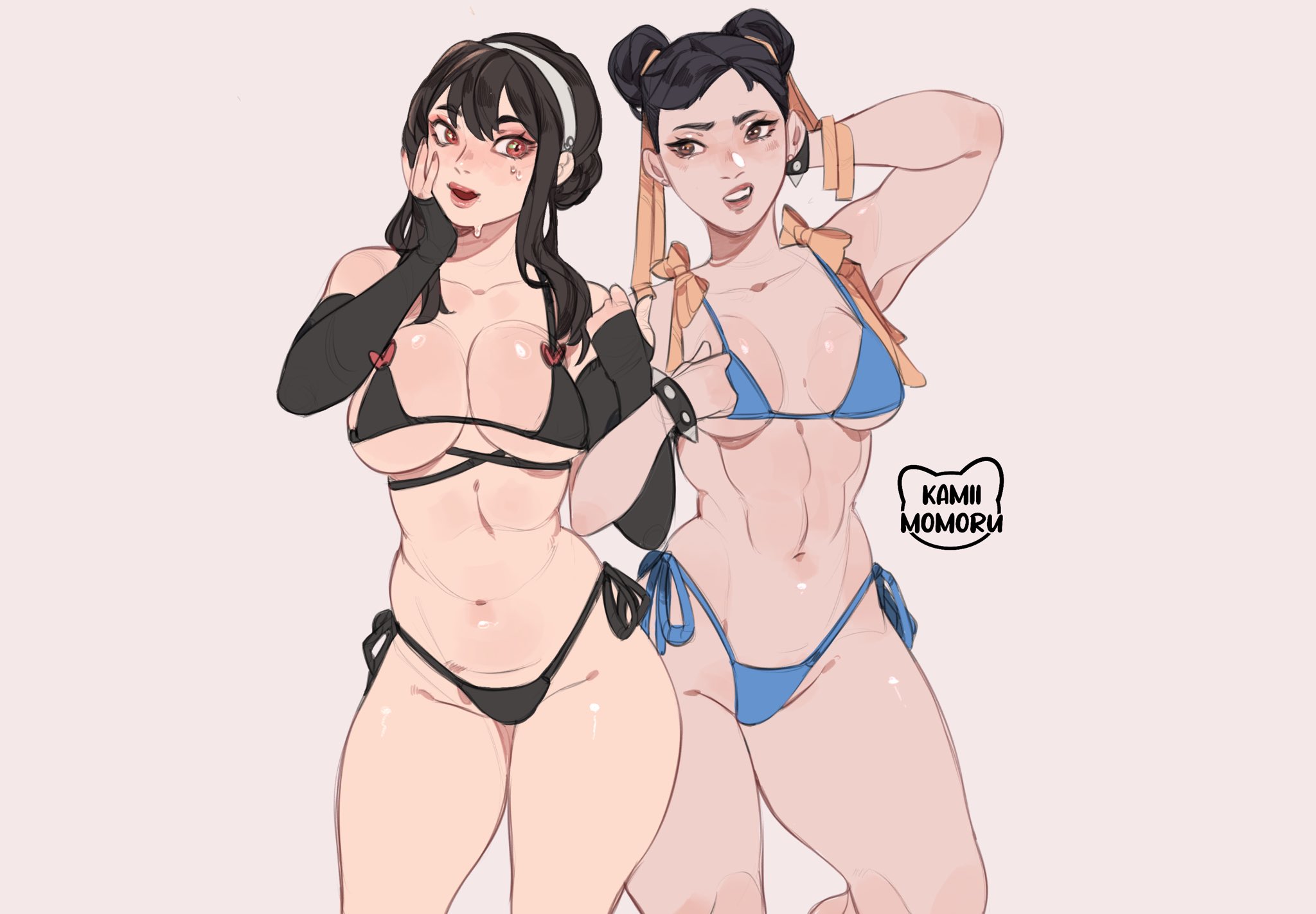 2girls, bikini, breasts, chun-li, crossover, female, female focus, female only, kamii momoru, large breasts, light skin, light-skinned female, looking at viewer, milf, spy x family, street fighter, swimsuit, thick thighs, thighs, wide hips, yor briar, yor forger