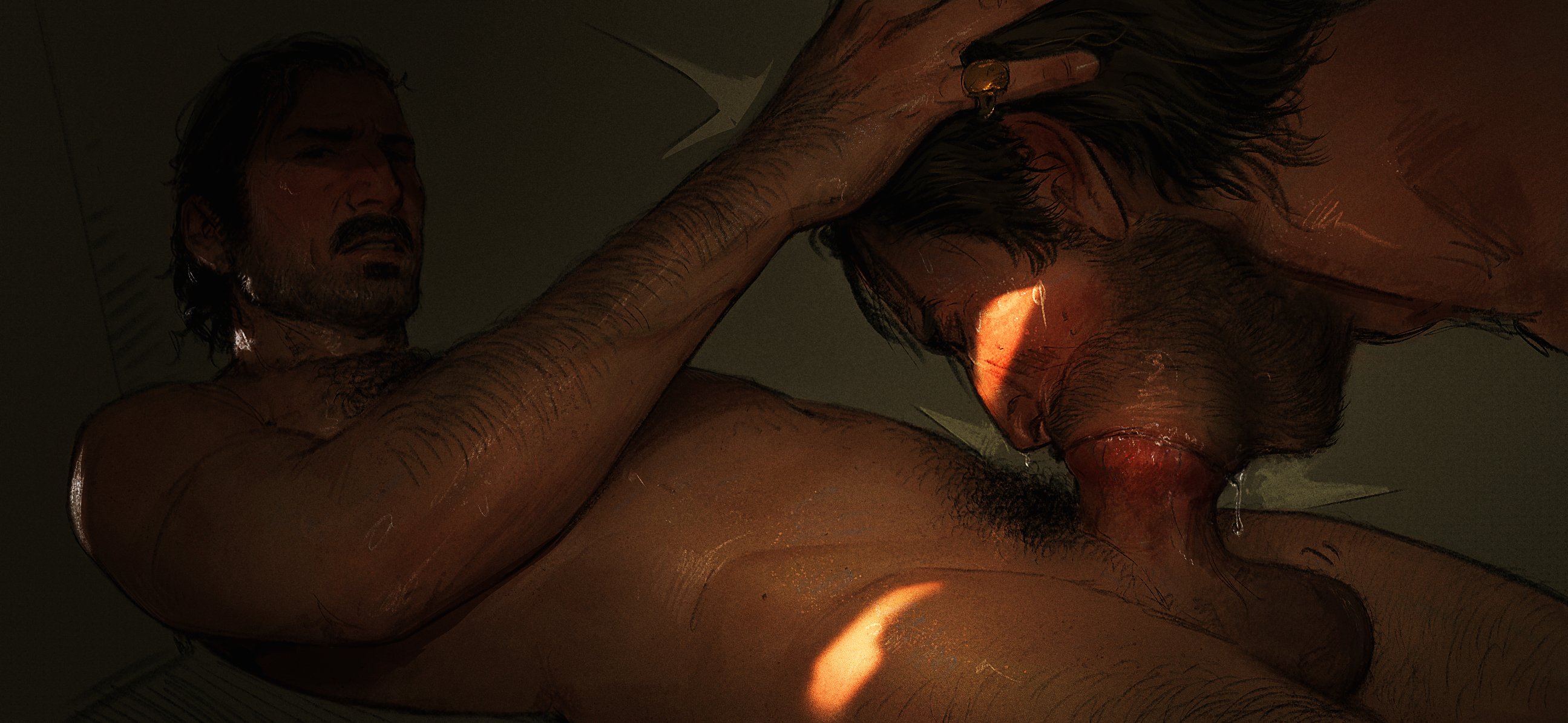 2boys, arm hair, arthur morgan, balls, ballsack, beard, beard stubble, beefy, blowjob, blush, blushing, bush, chest hair, choking, cock, color, cum, cum in mouth, cum inside, deepthroat, dick, dominant, dominant male, dutch van der linde, facial hair, flushed, gay, gay male, gumbeywumbey, hair, hairy, hairy chest, hairy male, hand on head, holding, jewelry, knotted penis, leg hair, male, male only, mouth open, muscles, muscular, mustache, nude, nude male, oral, oral sex, penis, penis in mouth, pseudo incest (lore), pubic hair, red dead redemption (series), red dead redemption 2, ring, ring (jewelry), source request, spit, submissive, submissive male, sucking, sucking penis, testicles, yaoi