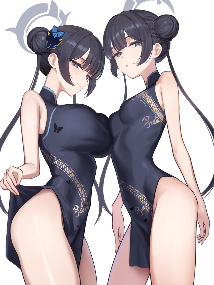 2girls, aged up, aoi riko, ass, big ass, big breasts, blue archive, blue eyes, blushing, breasts, chinese clothes, chinese dress, dark hair, female, hair buns, hair ornament, halo, kisaki (blue archive), lifting own clothes, looking at viewer, non-canonical breasts, presenting, pressing breasts together, seducing, seductive look, sideass, small breasts