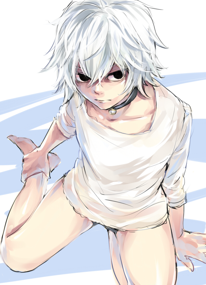 1boy 1male androgynous bell black_collar black_eyes collar collarbone death_note femboy frown fully_clothed high-angle_view holding_leg legs legs_apart looking_at_viewer male male_only nate_river near solo trap white_background white_hair white_shirt white_skin