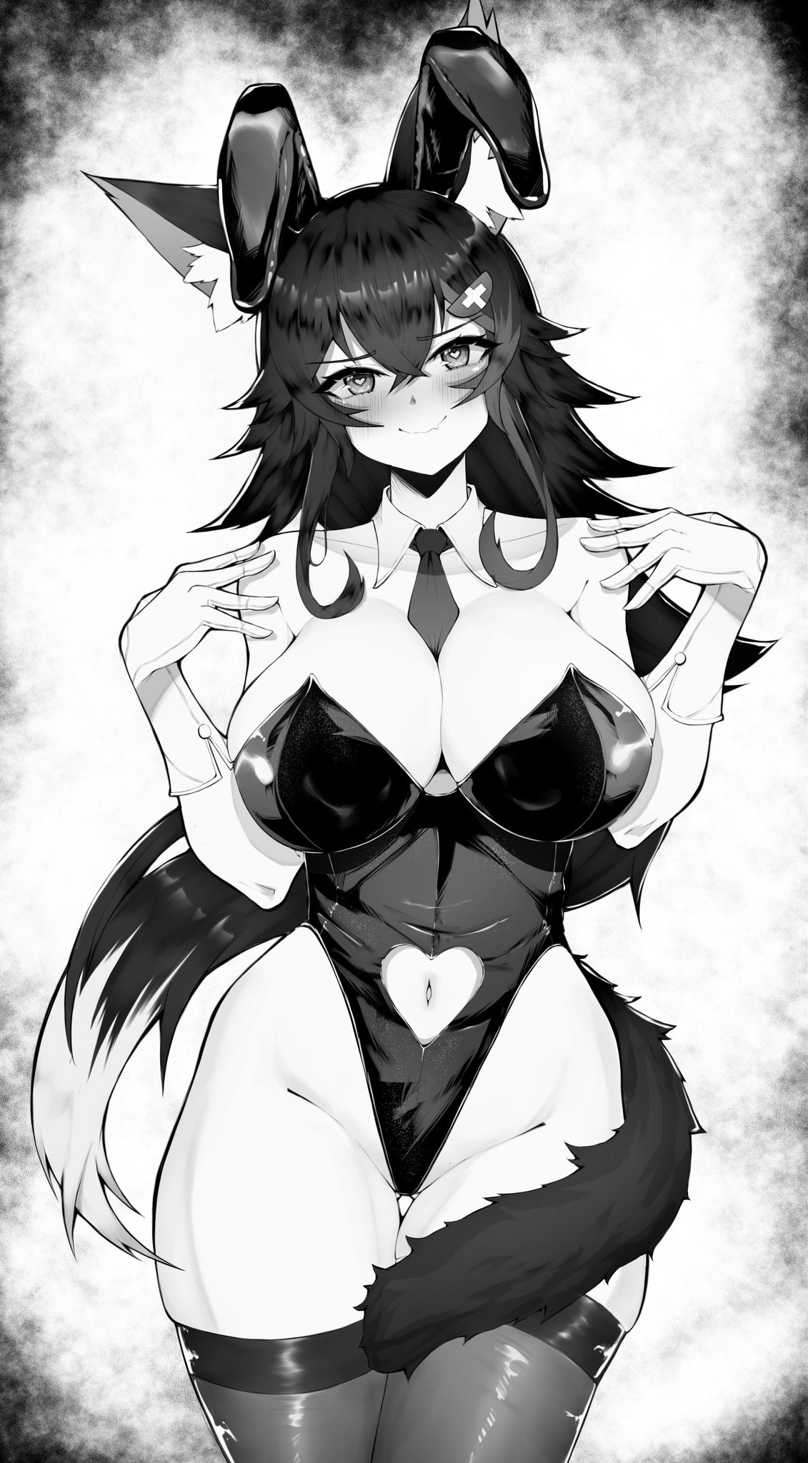 1girls, animal ears, big breasts, breasts, bunny ears, bunnysuit, fake animal ears, female, hololive, hololive gamers, hololive japan, large breasts, leotard, long hair, monochrome, ookami mio, skindentation, solo, tail, thighhighs, varniskarnis, virtual youtuber, wolf ears, wolf girl, wolf tail