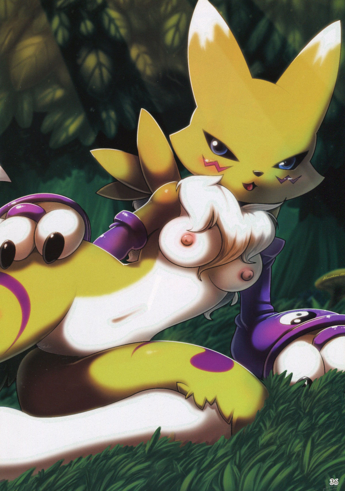 anthro breasts color digimon female female_only fur furry furry_breasts hand_on_hip nancher nude outdoors renamon tagme