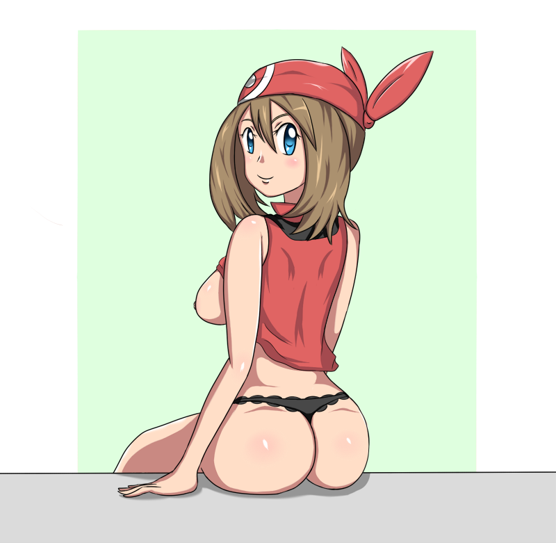 bad_id blue_eyes breasts brown_hair human human_only long_hair looking_back may_(pokemon) nintendo pokemon pokemon_rse senwa