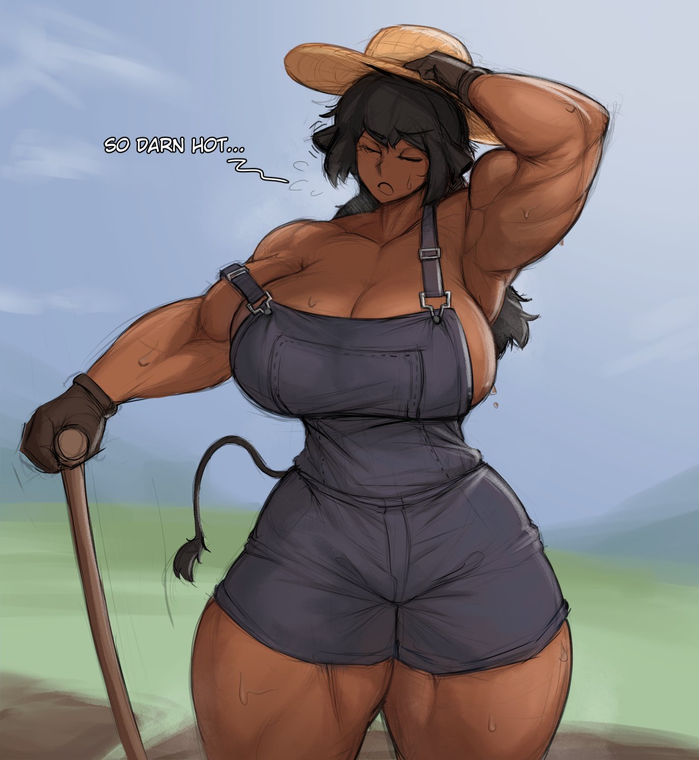 1girls, arm up, armpit, big breasts, big thighs, bovid, bovid humanoid, bovine, bovine humanoid, breasts, busty, clothed, cow tail, curves, curvy, dark skin, dark-skinned female, farm girl, farmer, farmer hat, farmgirl, female, female only, hat, huge breasts, large breasts, large thighs, mostly clothed, muscles, muscular, muscular arms, muscular female, overalls, sunhat, sweat, sweating, sweaty, tail, thick, thick thighs, thighs, zeph505