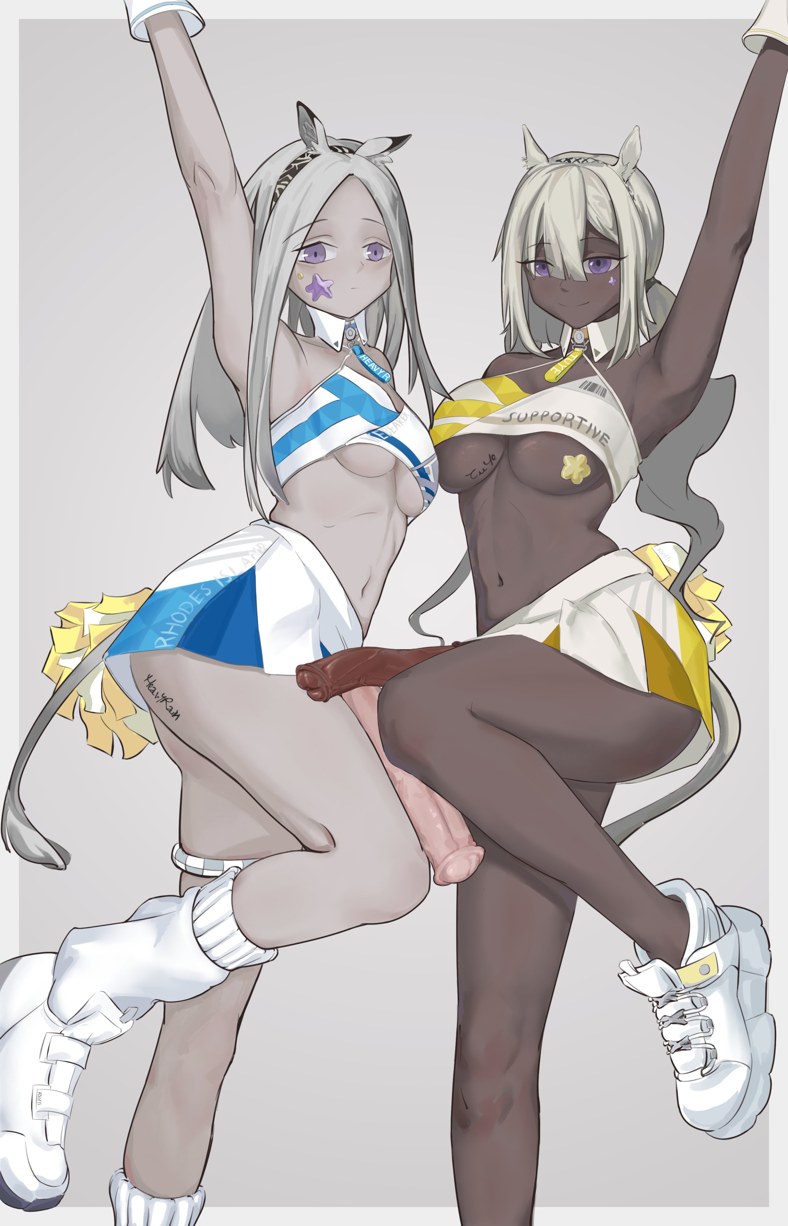 2futas, animal penis, arknights, breasts, cheerleader uniform, dark skin, female, futanari, heavyrain (arknights), horse girl, horsecock, intersex, light skin, medium breasts, rioffi, tuye (arknights), underboob