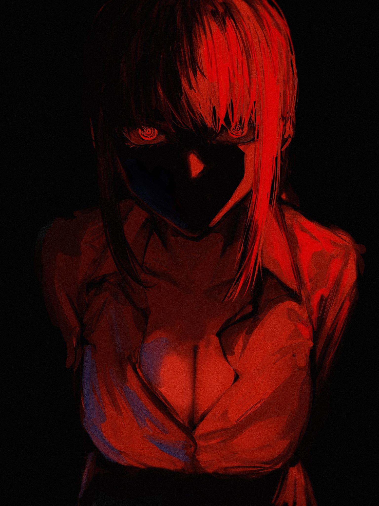 big breasts, black and red, breast focus, breasts, breasts focus, chainsaw man, cleavage, creepy, darkness, female, horny female, horror, large breasts, looking at viewer, makima (chainsaw man), monochrome, nightmare waifu, pov, raberu ruru, red and black, scary, seductive, seductive eyes, seductive gaze, seductive pose, shirt, shorter female, suggestive, suggestive look, suggestive posing, thighs, white shirt