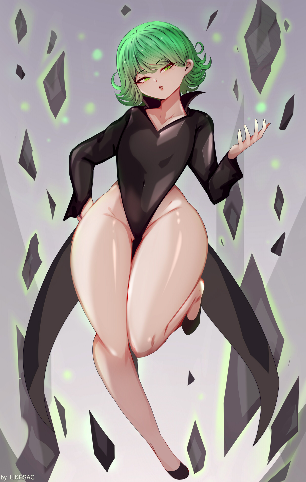 1girls, breasts, female, female focus, female only, light skin, light-skinned female, likesac, looking at viewer, one-punch man, small breasts, solo, tatsumaki, thick thighs, thighs, wide hips