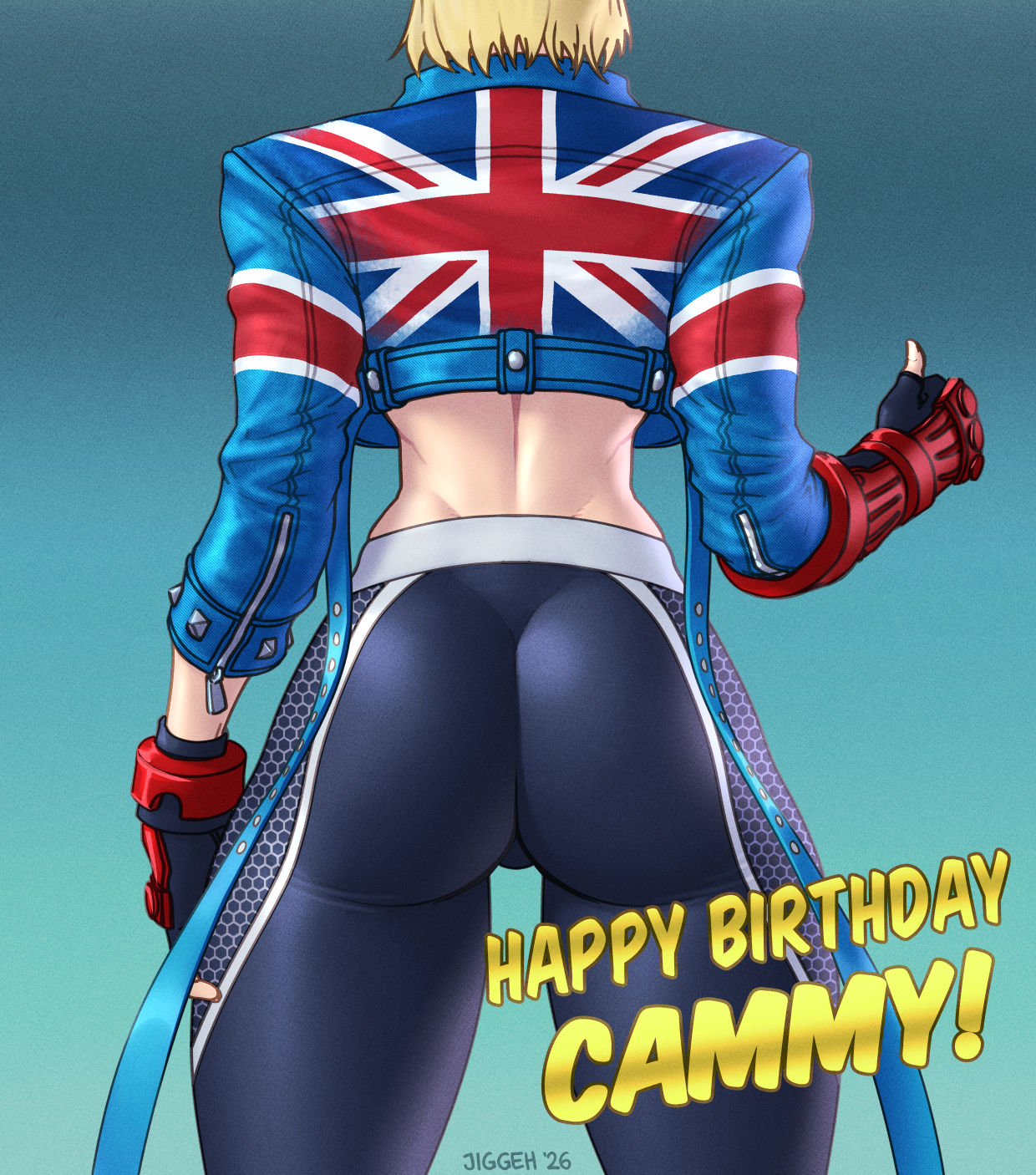 1girls, 2026, ass, ass focus, black pants, blonde hair, blue jacket, cameltoe, cammy white, cammy white (street fighter 6), cropped jacket, english text, female, fingerless gloves, from behind, happy birthday, highres, jacket, jiggeh, short hair, solo, spandex, spandex pants, street fighter, street fighter 6, thick thighs, thumbs up, toned, toned female, union jack, vambraces