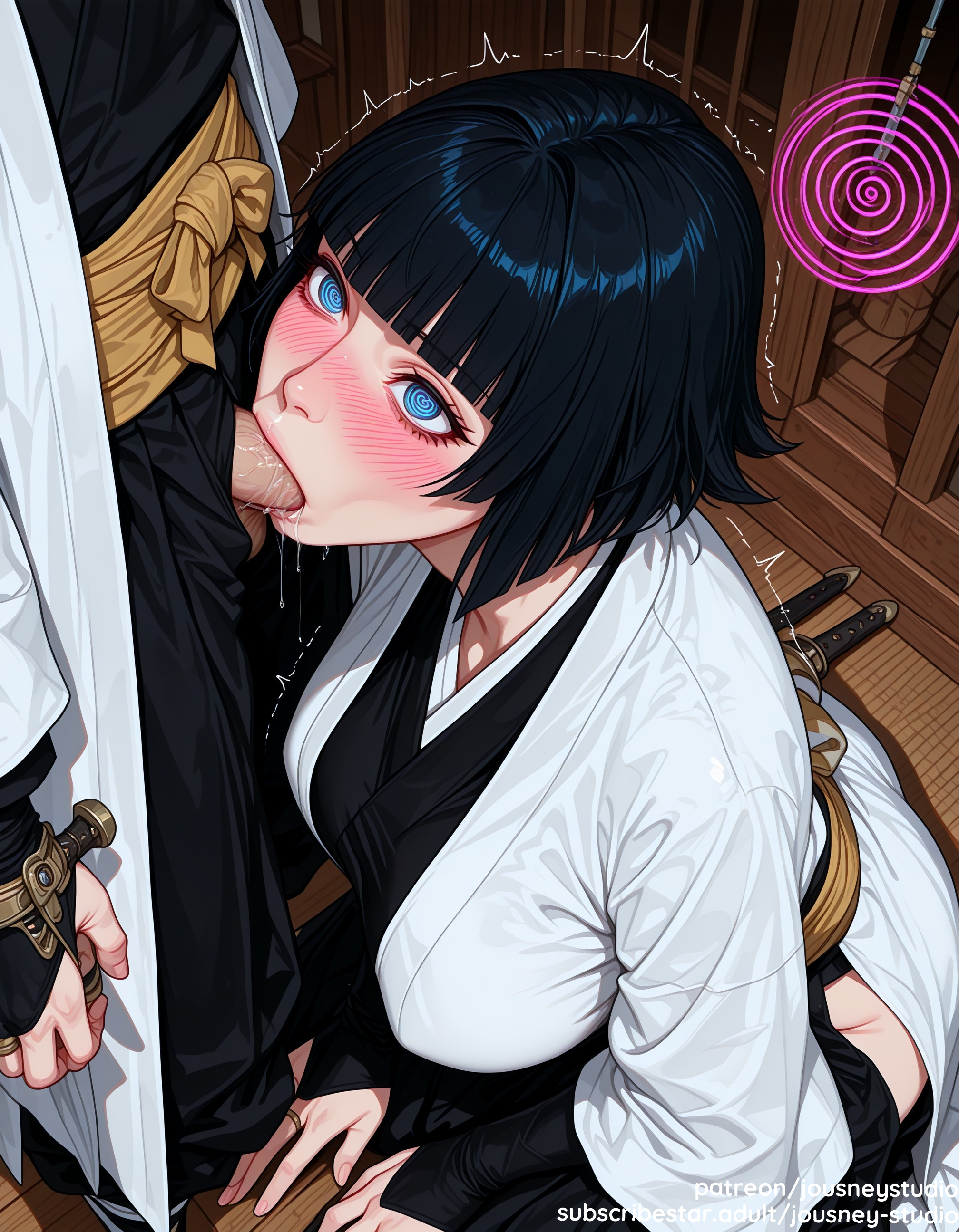 ?, @ @, 1boy, ai generated, bangs, black hair, black kimono, bleach, blue eyes, blunt bangs, blush, breasts, bridal gauntlets, clothing, erection, fellatio, female, haori, hypnosis, indoors, japanese clothes, jousneystudio, katana, kimono, kneeling, large breasts, large penis, long sleeves, male, mind control, oral, pants, penis, robe, saliva, sex, shirt, short hair, soifon, solo focus, straight, sui-feng, sword, traditional clothes, wafuku, weapon