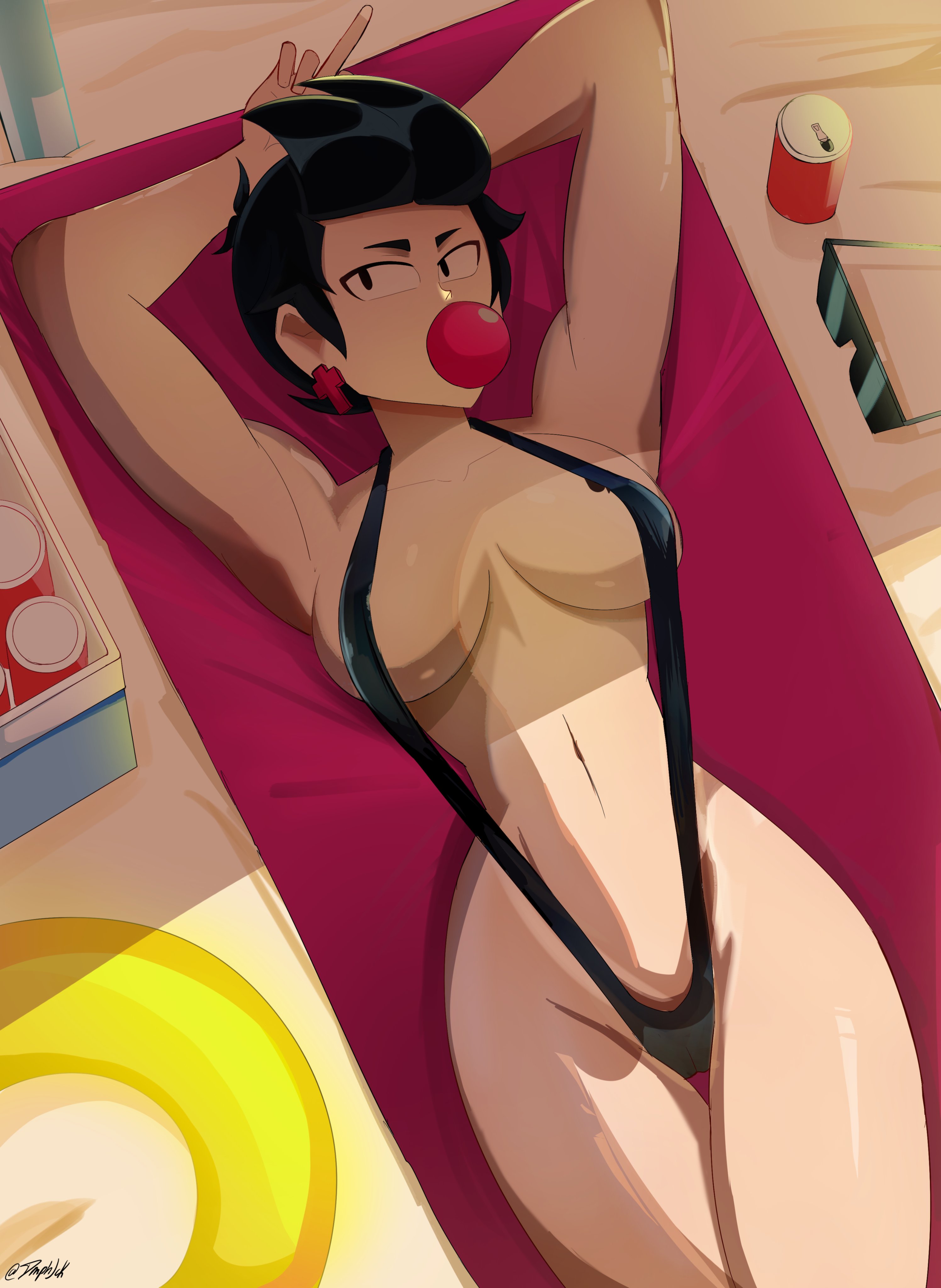 1girls, beach, bibi (brawl stars), bikini, bitch, black hair, blacked, blacked clothing, brawl stars, damphjack, female, micro bikini, only, qos, qos tattoo, queen of spades, queen of spades symbol, queen of spades tattoo, spade tattoo, string bikini