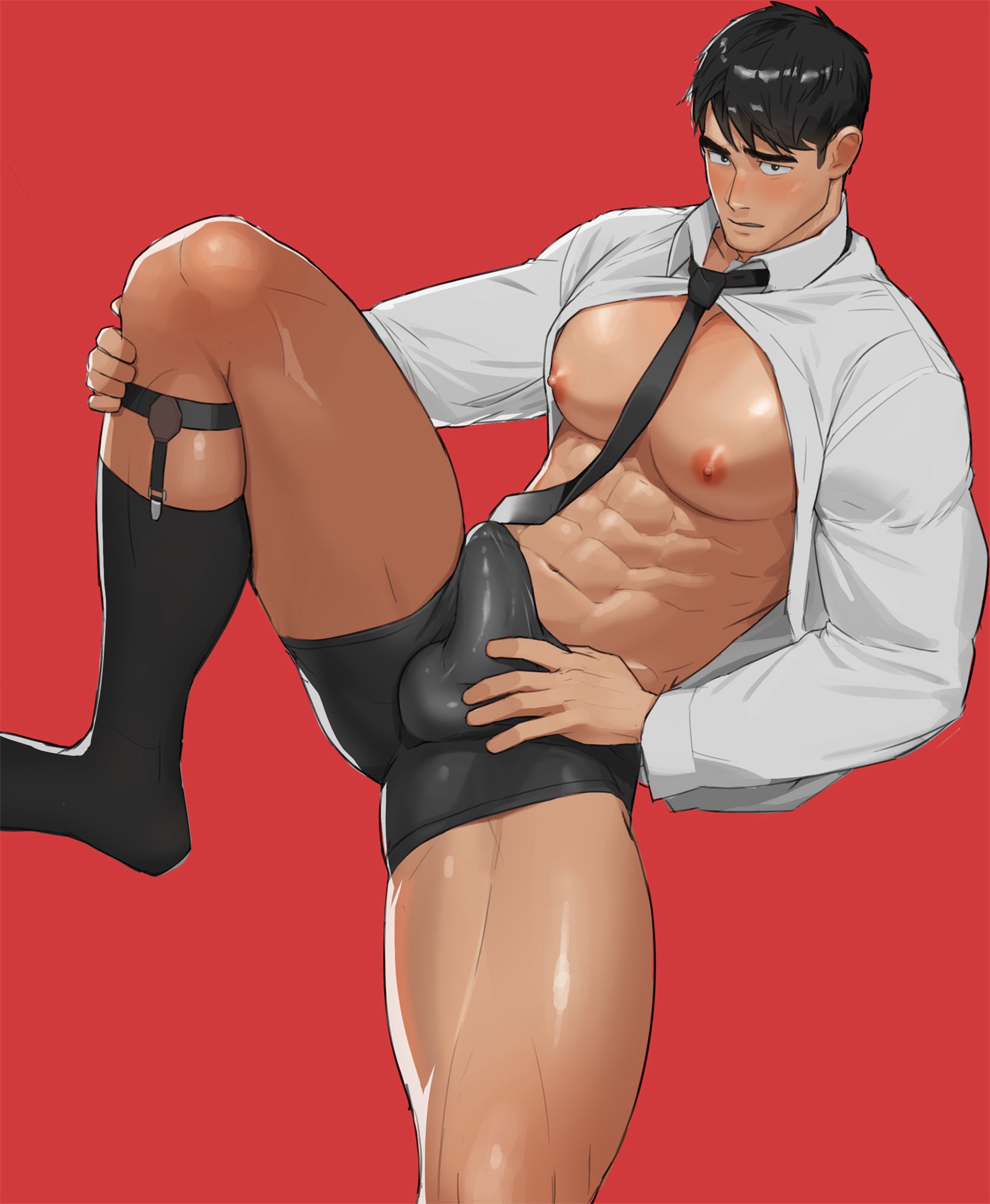 1boy, bara, big bulge, blush, briefs, bulge, bulge through clothing, collared shirt, gay, gay male, huge bulge, male, male focus, male nipples, male only, muscular, muscular male, naoki (xhju8282), nipples, original, original character, penis, penis outline, red background, simple background, solo, solo male, tie, yaoi