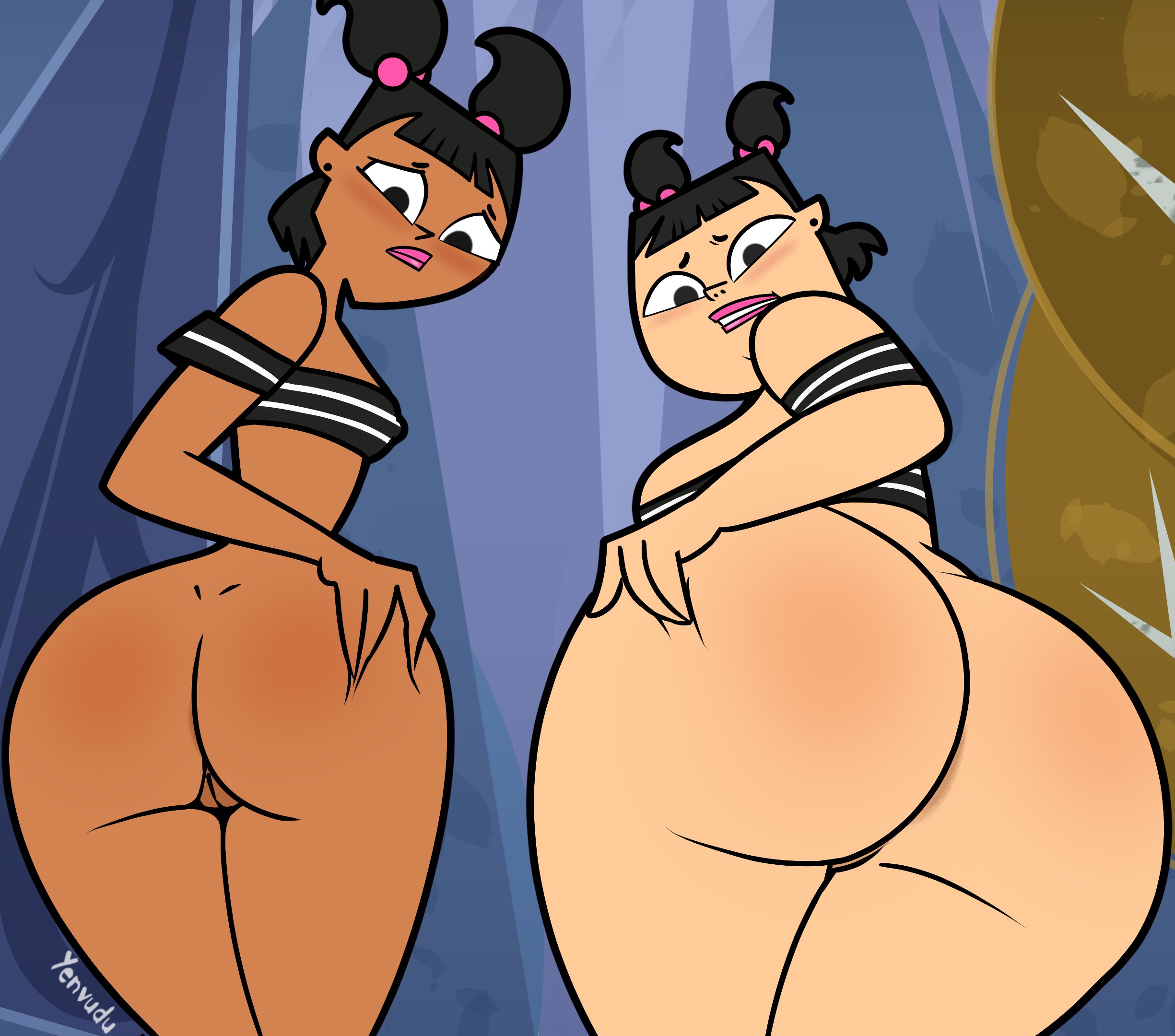 2d, 2girls, ass, bottomless, breasts, bubble ass, bubble butt, busty, chubby, dark skin, dark-skinned female, female, female focus, female only, hourglass figure, huge ass, katie (tdi), large ass, light skin, light-skinned female, nude, nude female, nudity, rear view, sadie (tdi), tagme, total drama island, wide hips, yenvudu