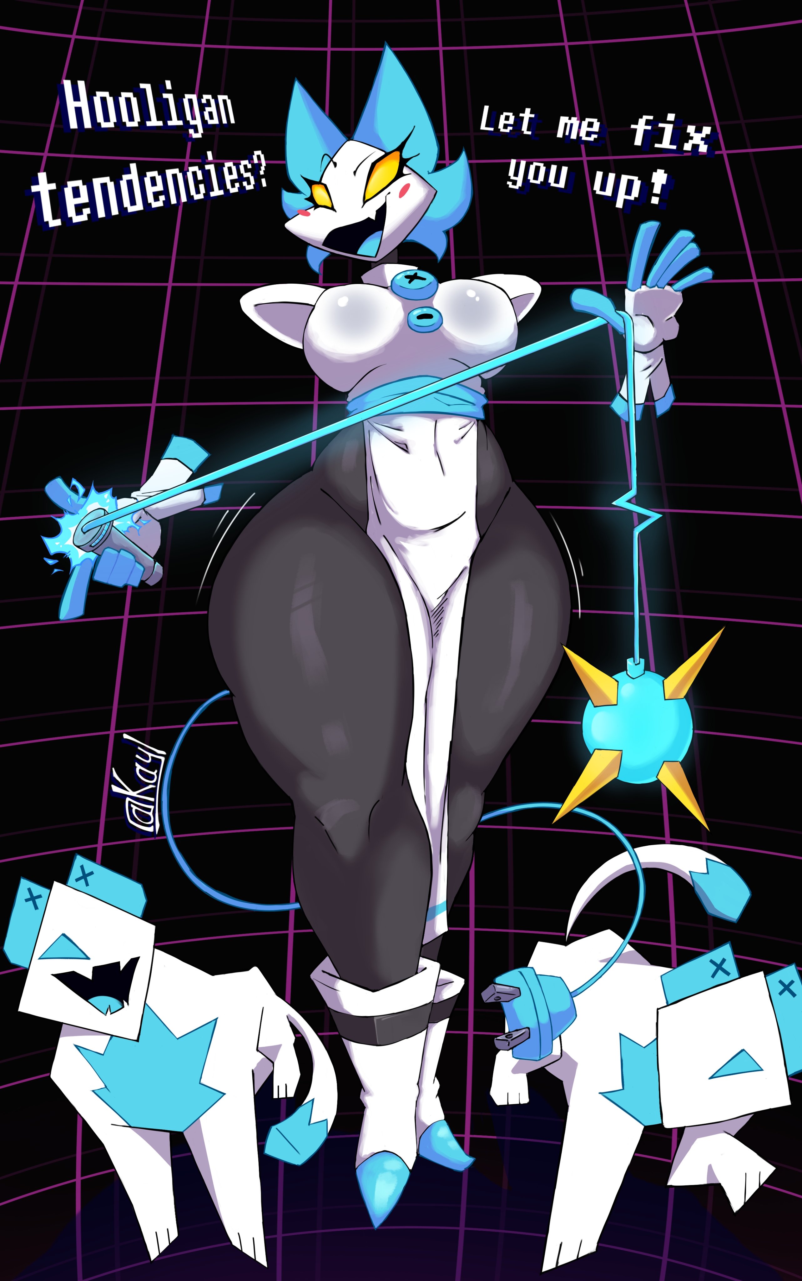 2d, 2d (artwork), 2d artwork, ass, big ass, breasts, deltarune, dialogue, female, fully clothed, kayl, medium breasts, suggestive, tasque, tasque manager (deltarune), text, thick thighs, thighs, undertale (series), whip