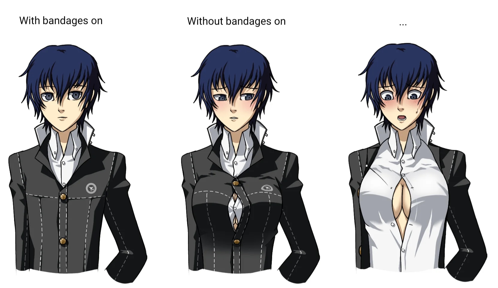 androgynous, big breasts, blush, breasts, bursting breasts, chest binder, crossdressing, crossdressing female, embarrassed, female, female focus, female only, flustered, large breasts, persona, persona 4, shirogane naoto, too small clothes, unbuttoned shirt