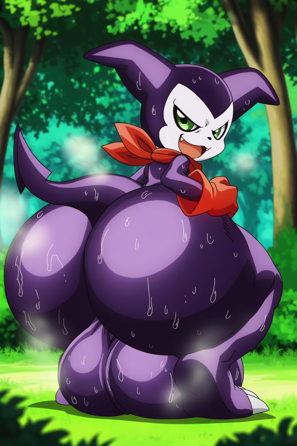 ai_generated forest hyper_ass hyper_balls hyper_penis impmon looking_at_viewer looking_back male male_only smug tagme very_sweaty