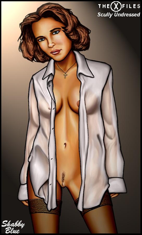 1girls bottomless breasts brown_hair dana_scully female female_only front_view human open_clothing partially_clothed pubes pussy redhead shabby_blue short_hair solo standing tagme tan_skin x-files