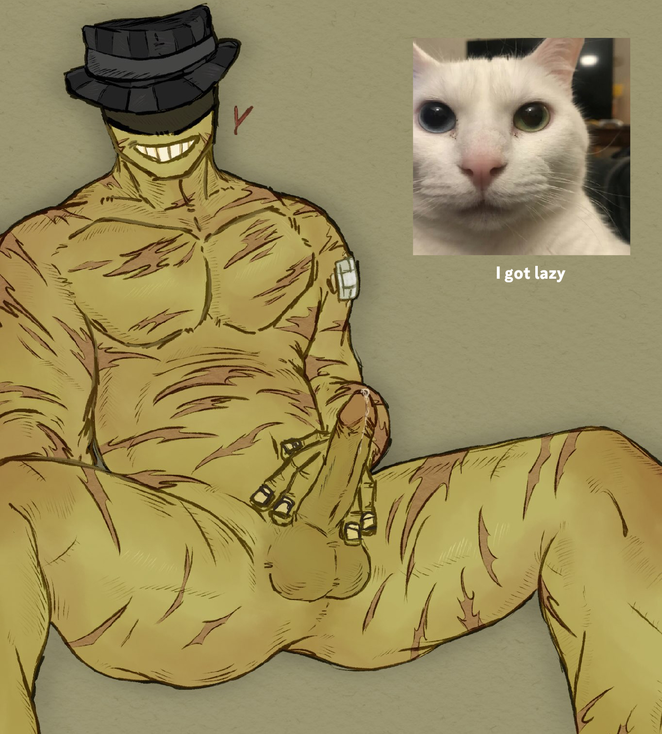 1boy, balls, cat, forsaken (roblox), mafioso (forsaken), male, male only, meme in the background, mr.cat.uncanny, nude, penis, precum, roblox, roblox game, robloxian, self upload, shocked, solo, tagme, tagme (artist), uncanny