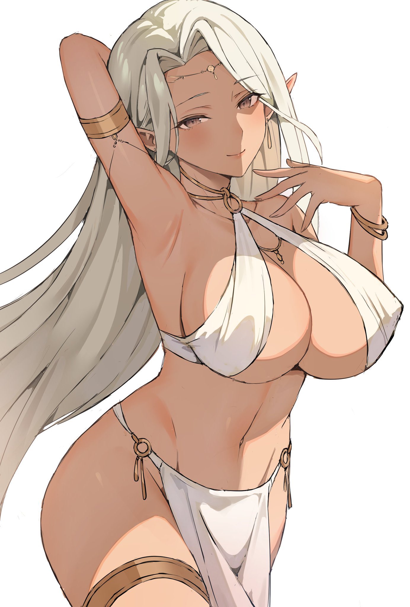 arm up, bare shoulders, bracelet, breasts, brown eyes, choker, circlet, cleavage, dark elf, dark skin, dark-skinned female, elf, female, female only, hifumi chiyoko, jewelry, large breasts, long hair, original, pelvic curtain, pointy ears, sideboob, smile, solo, white hair