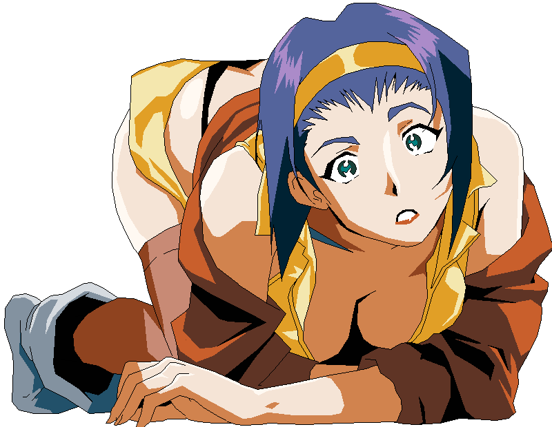 cowboy_bebop faye_valentine looking_at_viewer on_all_fours purple_hair