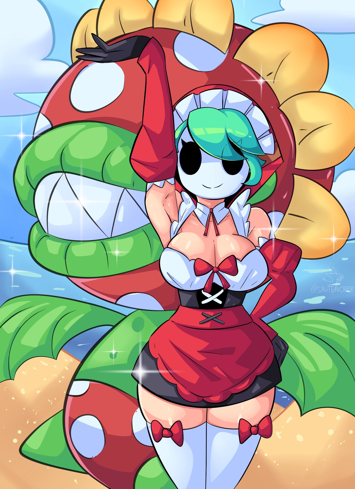 female, maid outfit, piranha plant, sautencrer (artist), shy gal, super mario bros., tagme