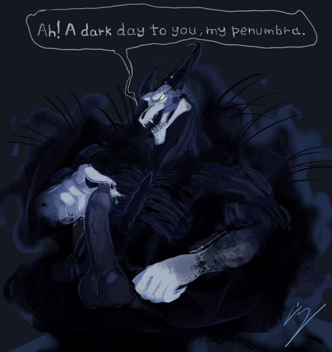 anthro, balls, bara, black balls, black body, blush, bodily fluids, cervine, date everything, demon, eldritch horror, english text, erection, fanart, fingers, foreskin, foreskin play, gay, genitals, glowing eyes, horn, humanoid penis, inviting, male, male only, masturbation, monster, muscles, muscular, muscular male, penis, precum, shadow, shadow creature, simple background, talking to viewer, text, text bubble, uncircumcised, veiny penis, xxxshadowl0rd420xxx (date everything), yaoi