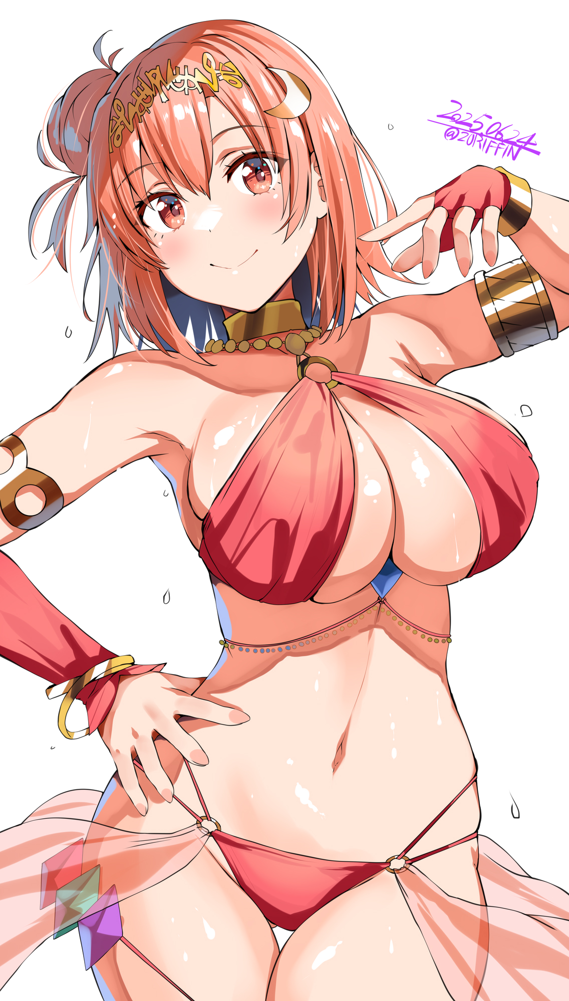 1girls, belko, belly dancer, belly dancer outfit, bocas top, breasts, female, female only, hair ornament, harem girl, harem outfit, huge breasts, looking at viewer, my teen romantic comedy snafu, pink eyes, pink hair, yahari ore no seishun lovecome wa machigatteiru., yuigahama yui