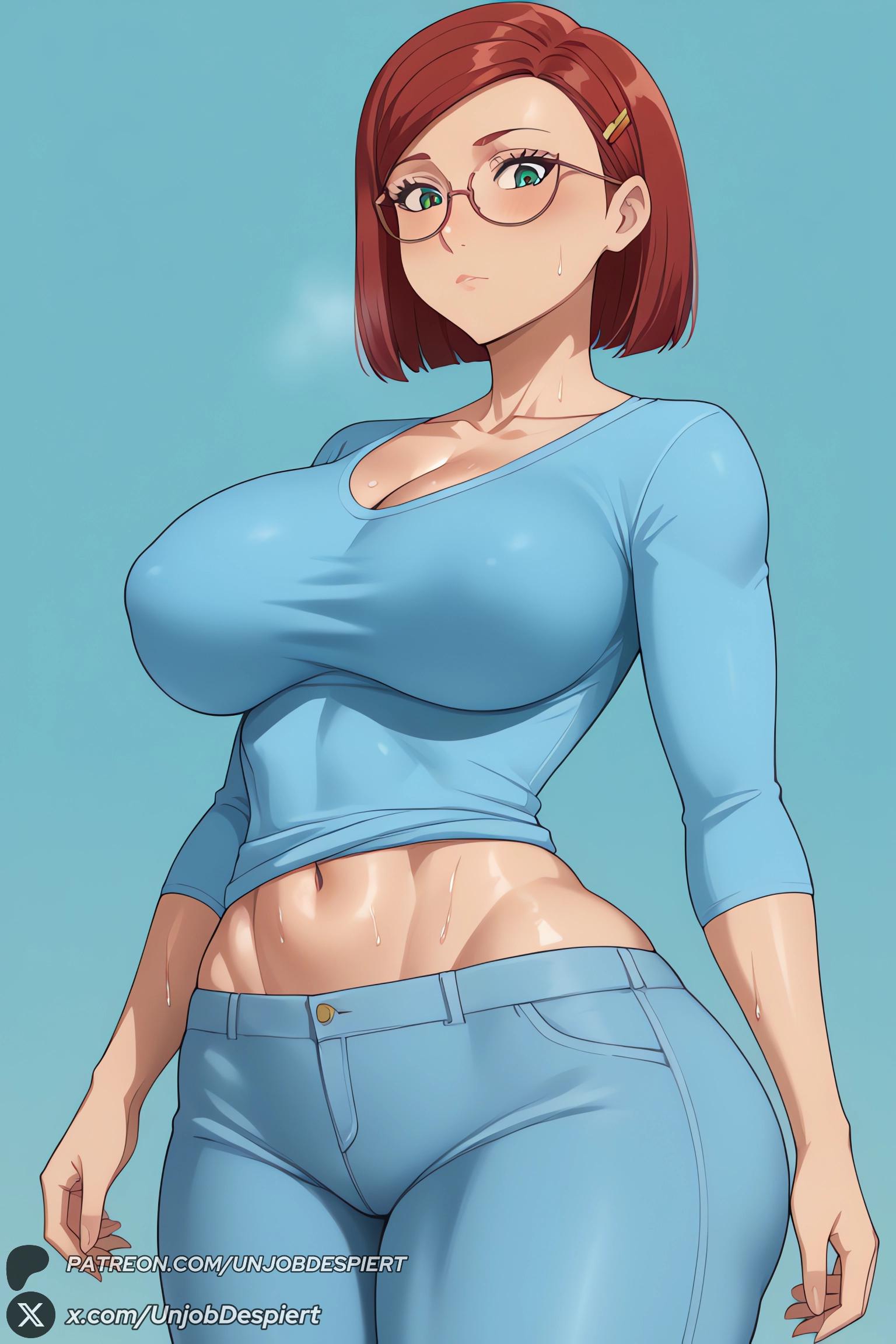 1girls, 2025, ai generated, artist name, ass, bangs, big ass, big breasts, blue background, blue pants, blue shirt, blush, breasts, brown hair, cleavage, closed mouth, collarbone, crop top, curvy, denim, female, female only, glasses, green eyes, hair ornament, hairclip, hi res, high quality, high resolution, highres, huge ass, huge breasts, jeans, large breasts, linda gunderson, long sleeves, looking at viewer, midriff, navel, pants, patreon, patreon username, red hair, rio (film), shirt, short hair, simple background, solo, sweat, unjobdespiert, watermark