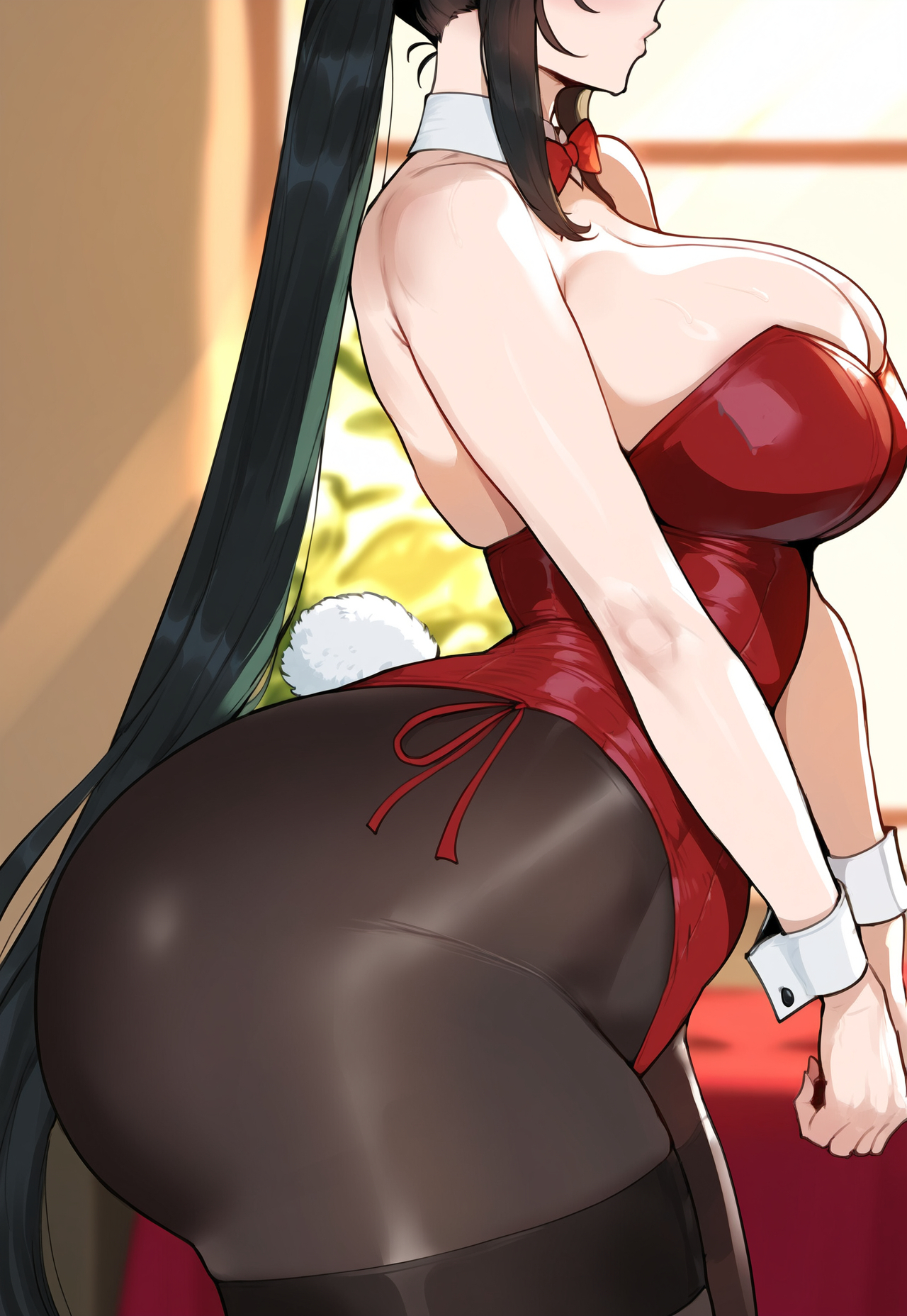 1girls, ai generated, ass, azur lane, big breasts, black hair, breasts, bunny ears, bunny girl, bunnysuit, female, female focus, huge ass, huge breasts, juuicyai, large breasts, light skin, light-skinned female, long hair, red eyes, taihou (azur lane), thick thighs, thighs, wide hips