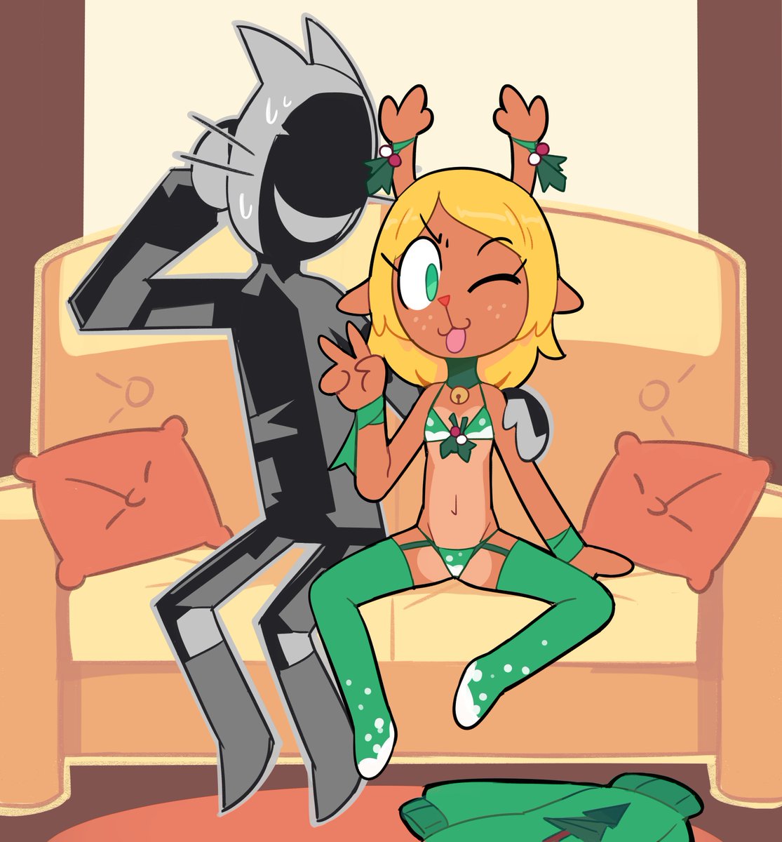 1boy, 1girls, bikini, casting couch, deltarune, female, gaster follower 1 (undertale), male, miscon, noelle holiday, scared donut guy, thighhighs, undertale (series)