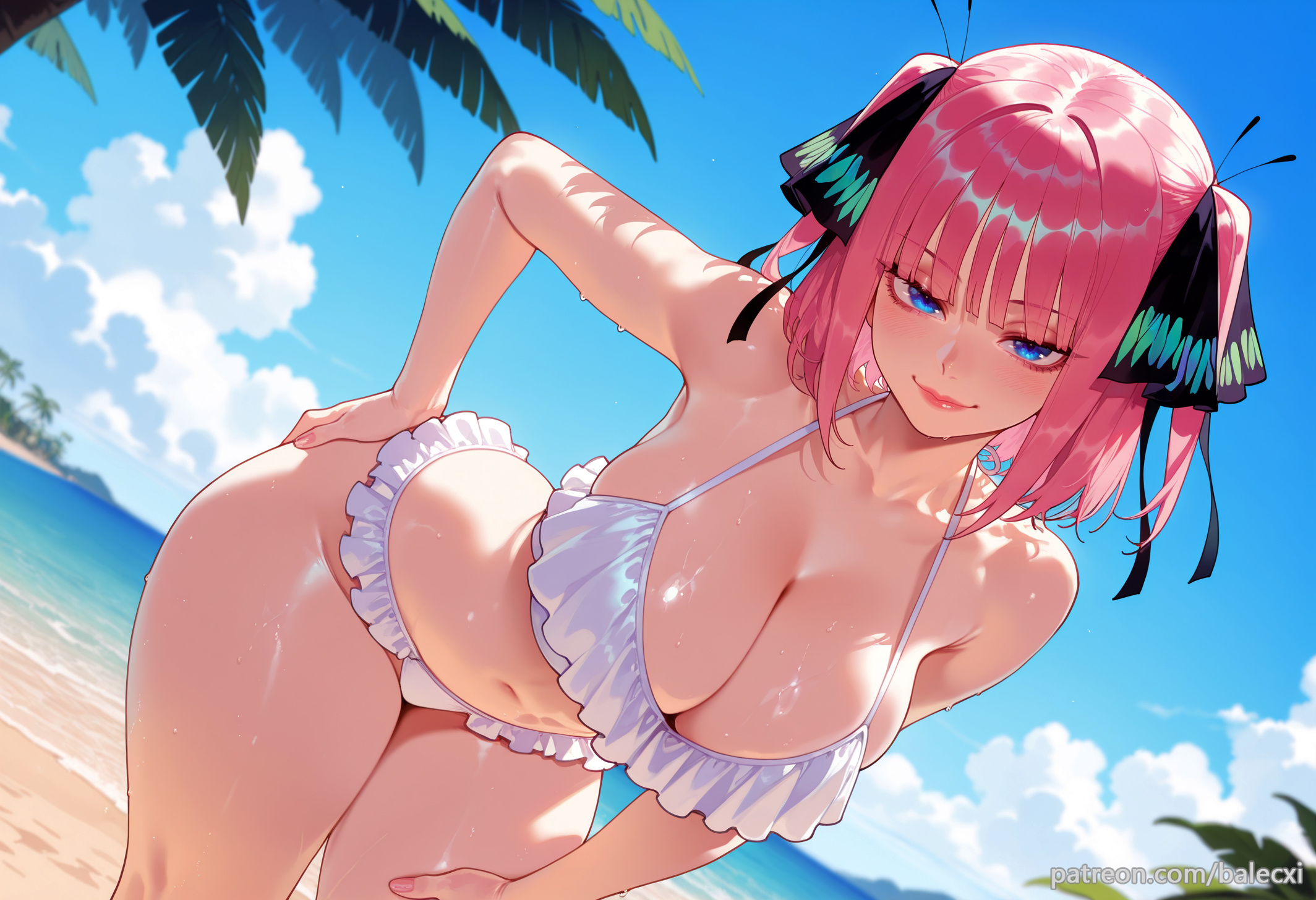 ai generated, balecxi, beach, black ribbon, blue eyes, breasts, butterfly hair ornament, cleavage, closed mouth, collarbone, female, frills, go-toubun no hanayome, hair ornament, hair ribbon, large breasts, lips, looking at viewer, nakano nino, navel, outdoors, pink hair, short hair, smile, solo, swimsuit, thighs, tree, white bikini