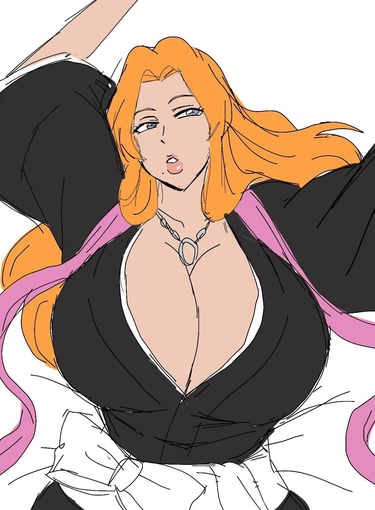1girls, 2d, 2d (artwork), 2d artwork, beauty mark, beauty mark under mouth, big breasts, black robe, bleach, blue eyes, blue-eyed female, breasts, chain, chain necklace, digital drawing (artwork), digital media (artwork), female, female focus, female only, huge breasts, japanese, japanese clothes, large breasts, laying, laying on back, light skin, light-skinned female, long hair, long-haired female, matsumoto rangiku, mole, mole under mouth, momiji (artist), orange hair, orange-haired female, pink scarf, robe, scarf, solo, solo female
