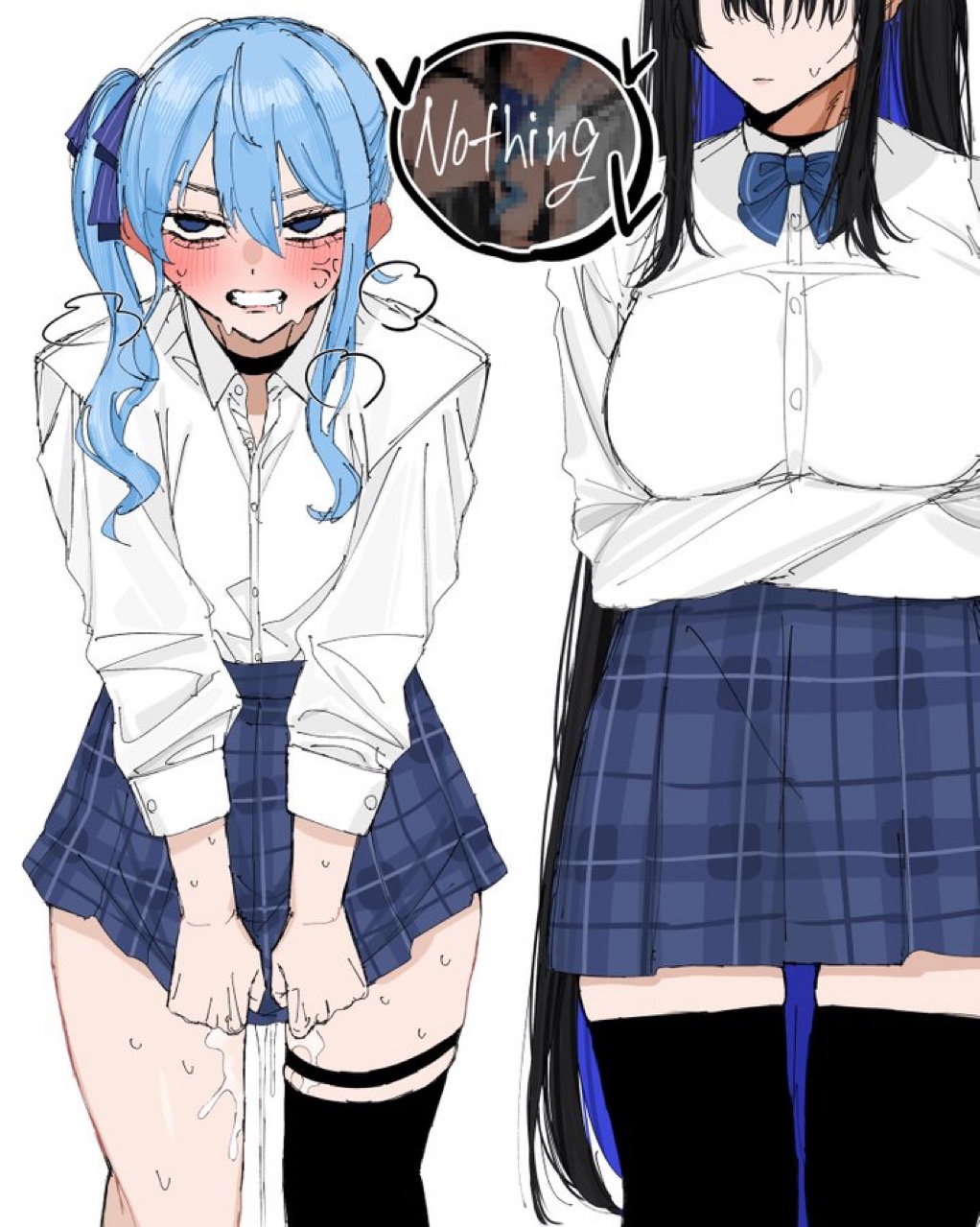 2girls after_sex big_breasts black_hair blue_hair blush carrot_011 covering_crotch hololive hololive_english hololive_japan hoshimachi_suisei multicolored_hair nerissa_ravencroft pussy_juice pussy_juice_drip skirt vtubsr yuri yuri
