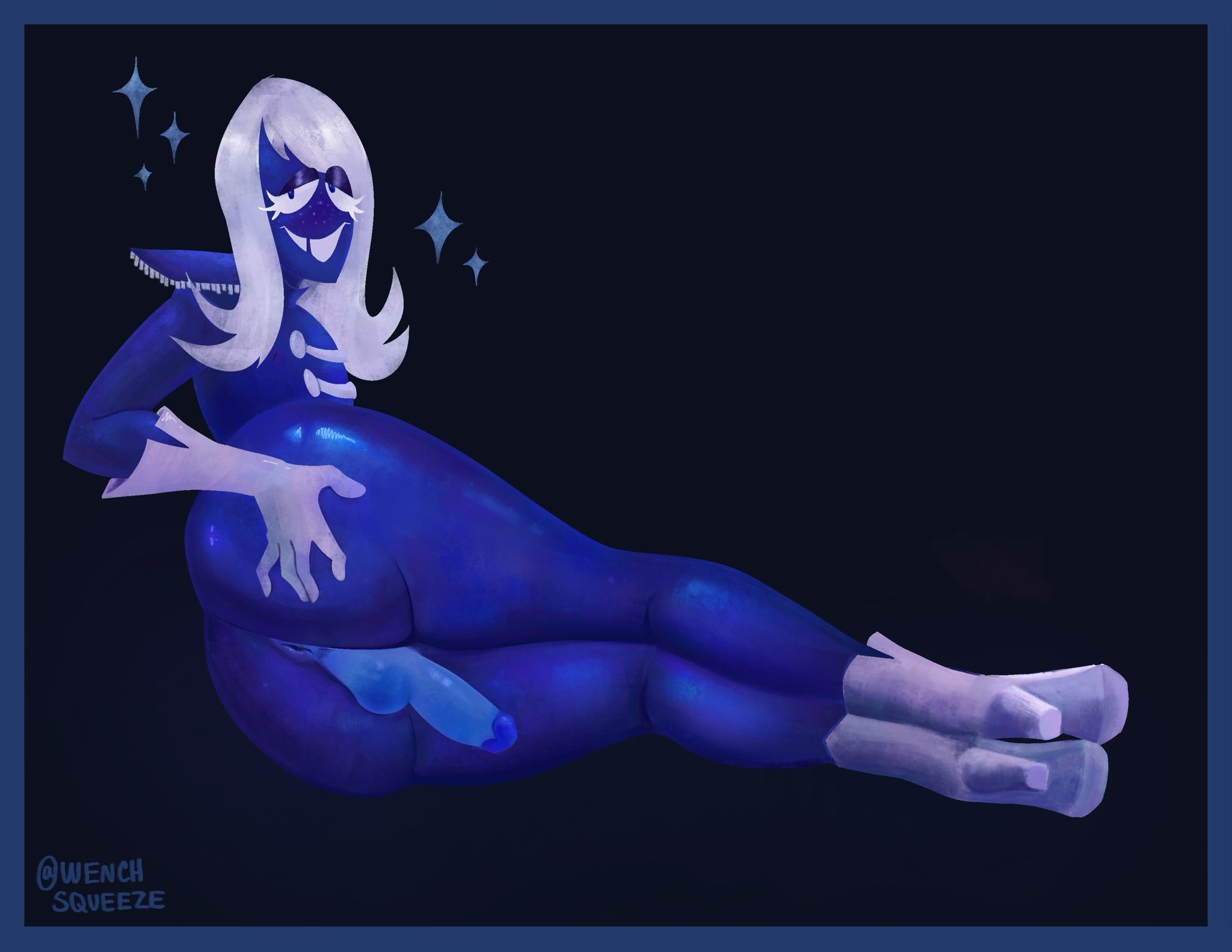 ass, asshole, big ass, blue body, blue skin, deltarune, gloves, heel boots, heels, huge ass, long hair, looking at viewer, lying down, male, male only, on side, rouxls kaard, thick thighs, wenchsqueeze, white hair
