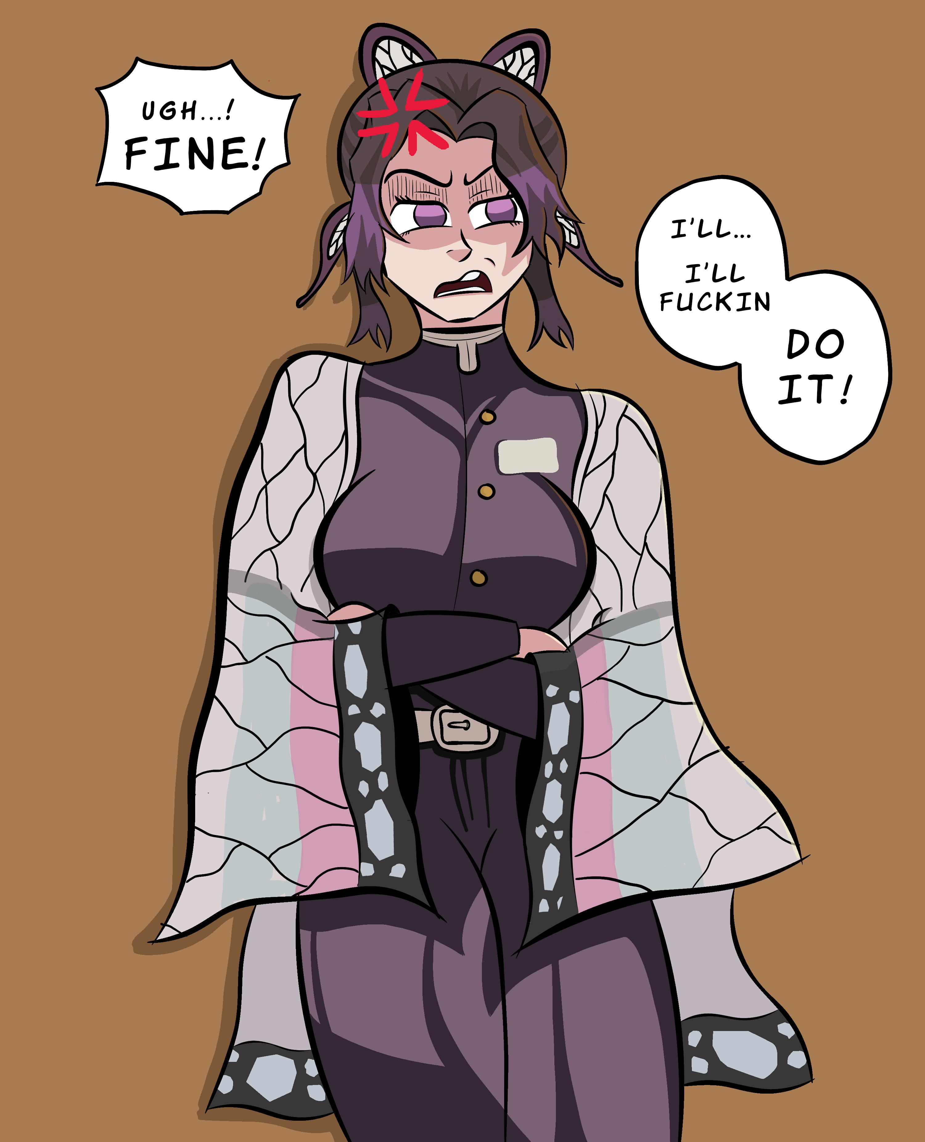 adult, anger symbol, anger vein, angry face, arms crossed, demon slayer, demon slayer uniform, english text, female, female only, fully clothed, haori, kimetsu no yaiba, kochou shinobu, lexcondart, looking away