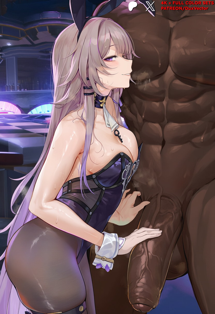 1boy, abs, ai generated, animal ears, balls, bangs, bare shoulders, blush, breast press, breasts, brown hair, bunny girl, bunnysuit, cleavage, clothed female, clothed female nude male, clothing, dark skin, dark-skinned male, detached collar, duxvector, erection, fake animal ears, female, flaccid, grey hair, highleg, highleg leotard, honkai (series), honkai: star rail, hoyoverse, huge breasts, huge cock, interracial, large breasts, large penis, legwear, leotard, long hair, looking at viewer, male, mihoyo, muscles, muscular, muscular male, netorare, nipples, ntr, nude, nude male, pantyhose, penis, playboy bunny, purple eyes, purple leotard, rabbit ears, smile, solo focus, standing, straight, strapless, sweat, testicles, the herta (honkai: star rail), thigh strap, thighs, veins, veiny penis, very long hair, wrist cuffs