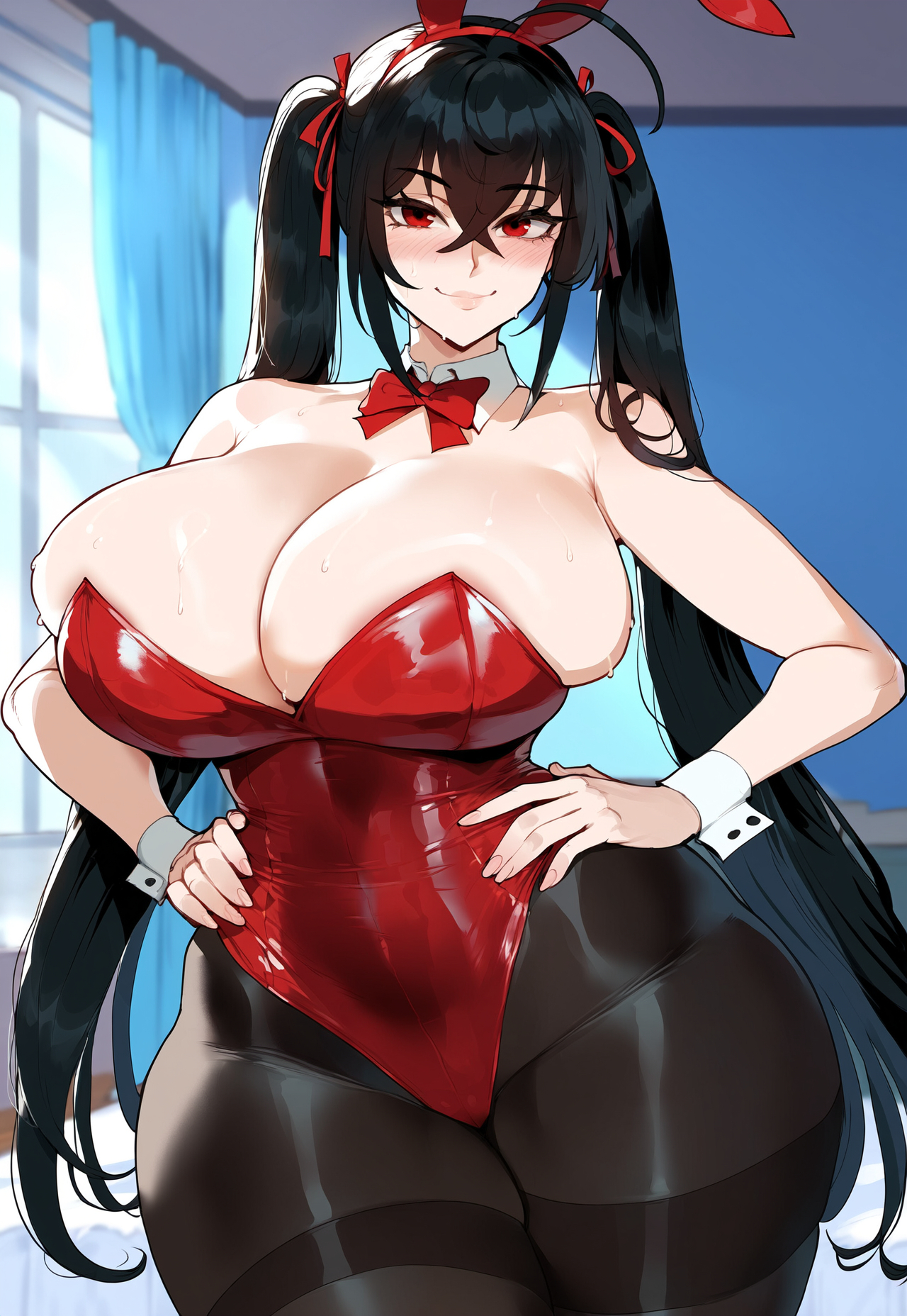 1girls, ai generated, ass, azur lane, big breasts, black hair, breasts, bunny ears, bunny girl, bunnysuit, female, female focus, huge ass, huge breasts, juuicyai, large breasts, light skin, light-skinned female, long hair, red eyes, taihou (azur lane), thick thighs, thighs, wide hips