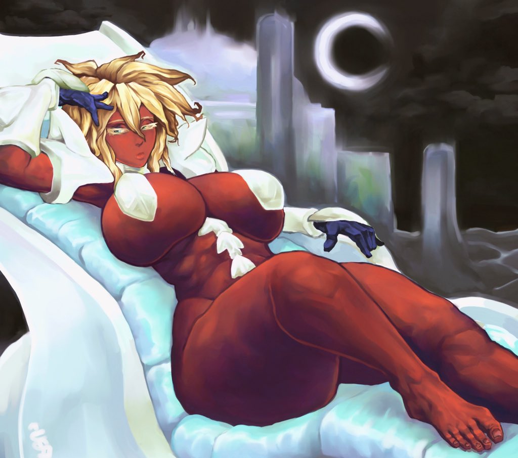 1girls, arrancar, bleach, bleach: the thousand-year blood war, breasts, dark skin, dark-skinned female, female, hollow, hollow (species), huge breasts, on back, pebuhsart, thick thighs, thighs, tia harribel, tier harribel