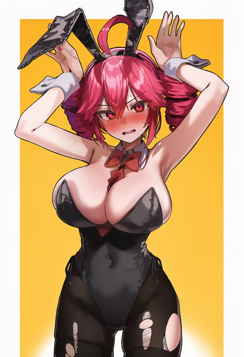 1girls, ahoge, ai generated, armpits, arms up, big breasts, blush, blush lines, breasts, bunny ears, bunny ears (gesture), bunny girl, bunnysuit, cleavage, cleavage overflow, curvaceous, curvy, curvy female, curvy figure, detached collar, detached cuffs, embarrassed, embarrassed female, female, female only, hourglass figure, huge breasts, kasane teto, large breasts, massive breasts, nail polish, navel, navel visible through clothes, open mouth, painted nails, playboy bunny, red eyes, red hair, red nails, ripped clothing, shiny skin, simple background, skin tight, slim waist, small waist, solo, solo female, sweat, sweating, thick thighs, thighs, tight clothing, torn clothes, torn pantyhose, twin drills, utau, voluptuous, voluptuous female, wide hips