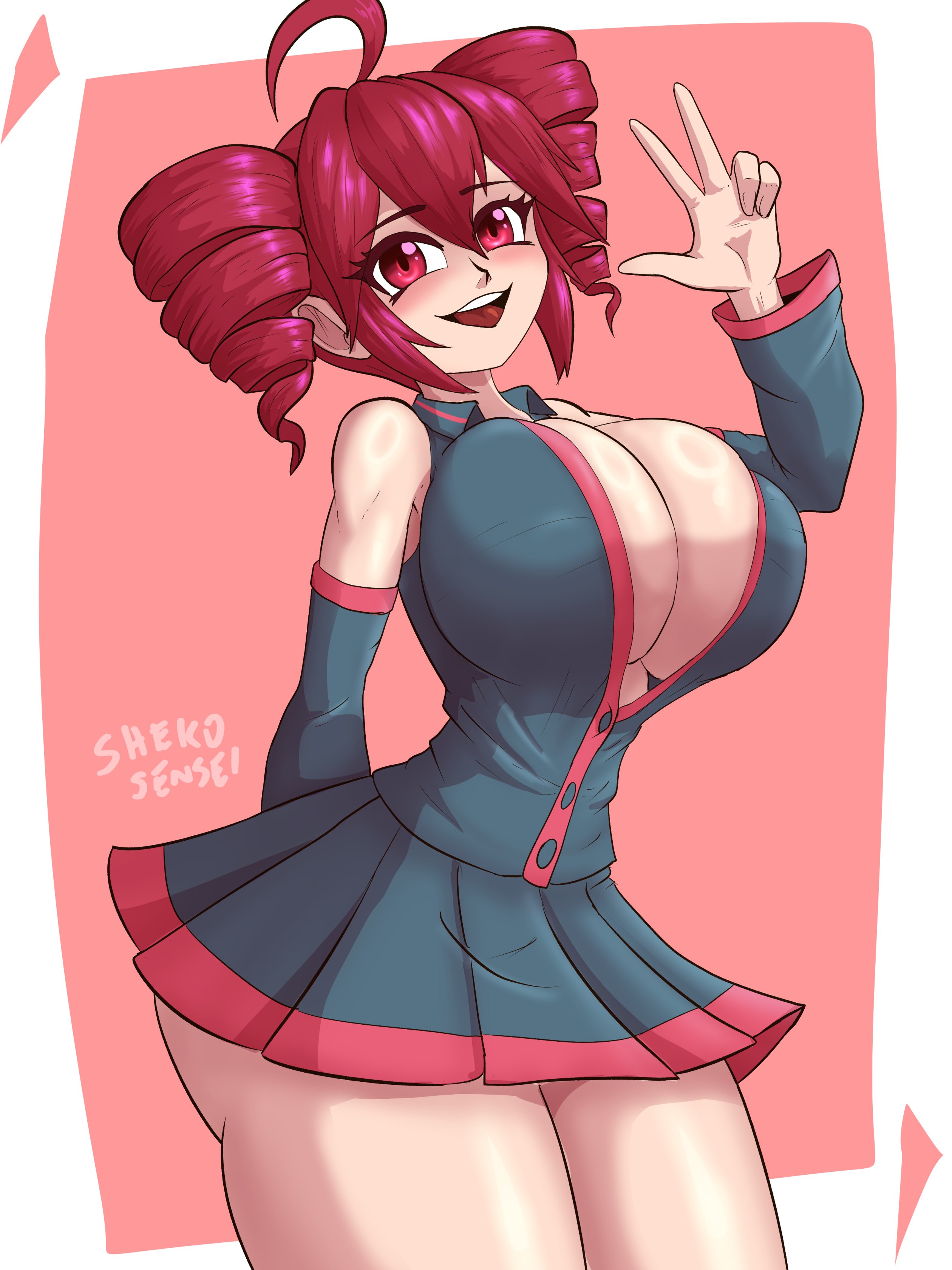 1girls, 2d, 2d (artwork), ahoge, ass, big ass, big breasts, breasts, cleavage, cleavage cutout, clothing, curvaceous, curvy, curvy female, curvy figure, detached sleeves, female, female only, hourglass figure, huge ass, huge breasts, huge thighs, kasane teto, large ass, large breasts, massive breasts, miniskirt, open mouth, open shirt, peace sign, red eyes, red hair, shekosensei, shiny skin, simple background, skindentation, skirt, slim waist, small waist, smile, solo, solo female, thick thighs, thighs, twin drills, unbuttoned, unbuttoned shirt, utau, voluptuous, voluptuous female, wide hips