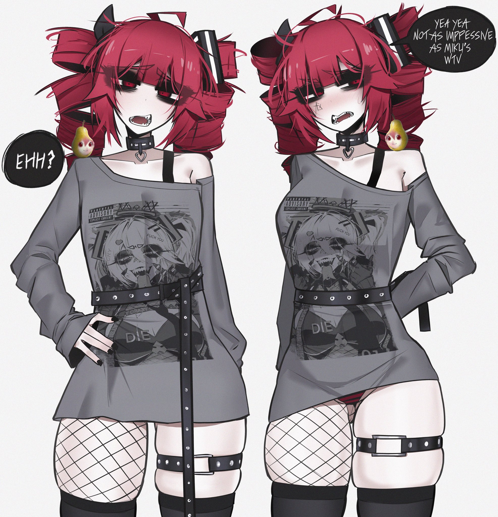 1girls, 2d, 2d (artwork), ass visible through thighs, before and after, big breasts, black nails, breasts, choker, clothed, clothed female, clothing, curvaceous, curvy, curvy female, curvy figure, dialogue, english dialogue, english text, eyelashes, eyeshadow, fat thighs, female, female only, fishnets, glitchace, goth, goth girl, hair ornament, kasane teto, large breasts, light skin, light-skinned female, mascara, messy hair, nail polish, open mouth, oversized shirt, painted nails, pale skin, pale-skinned female, panties, panty peek, pantyshot, pearto, plump, plump thighs, red eyes, red hair, sharp teeth, shirt, skindentation, slim waist, solo, solo female, striped panties, talking to viewer, text, thick thighs, thigh gap, thigh strap, thighhighs, thighs, twin drills, utau, white background, wide hips