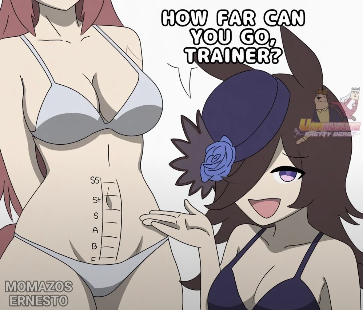 2girls, anime, bikini, female, female only, gold ship (umamusume), hi res, highres, horse ears, horse girl, light skin, measurements, measuring penetration depth, meme, meme attire, mihono bourbon (umamusume), orthiz0901, pubic tattoo, purple bikini, rice shower (umamusume), simple background, trainer (umamusume), twitter username, umamusume, white bikini