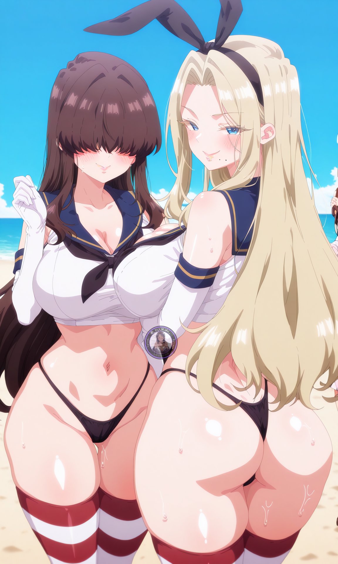 2girls, ai generated, breasts, female, female focus, female only, hair over eyes, kakure meme, kimi no koto ga dai dai dai dai daisuki na 100-nin no kanojo, large breasts, light skin, light-skinned female, looking at viewer, shiny skin, tagme, thick thighs, thighhighs, thighs, utsukushisugi mimimi, wet, wide hips, yuukiai